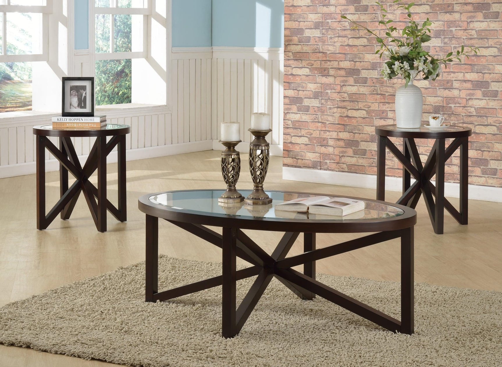 Cole Brown/Clear 3-Pk Glass Occasional Oval Cocktail Set With X-Motif Base, Contemporary Style - Ella Furniture