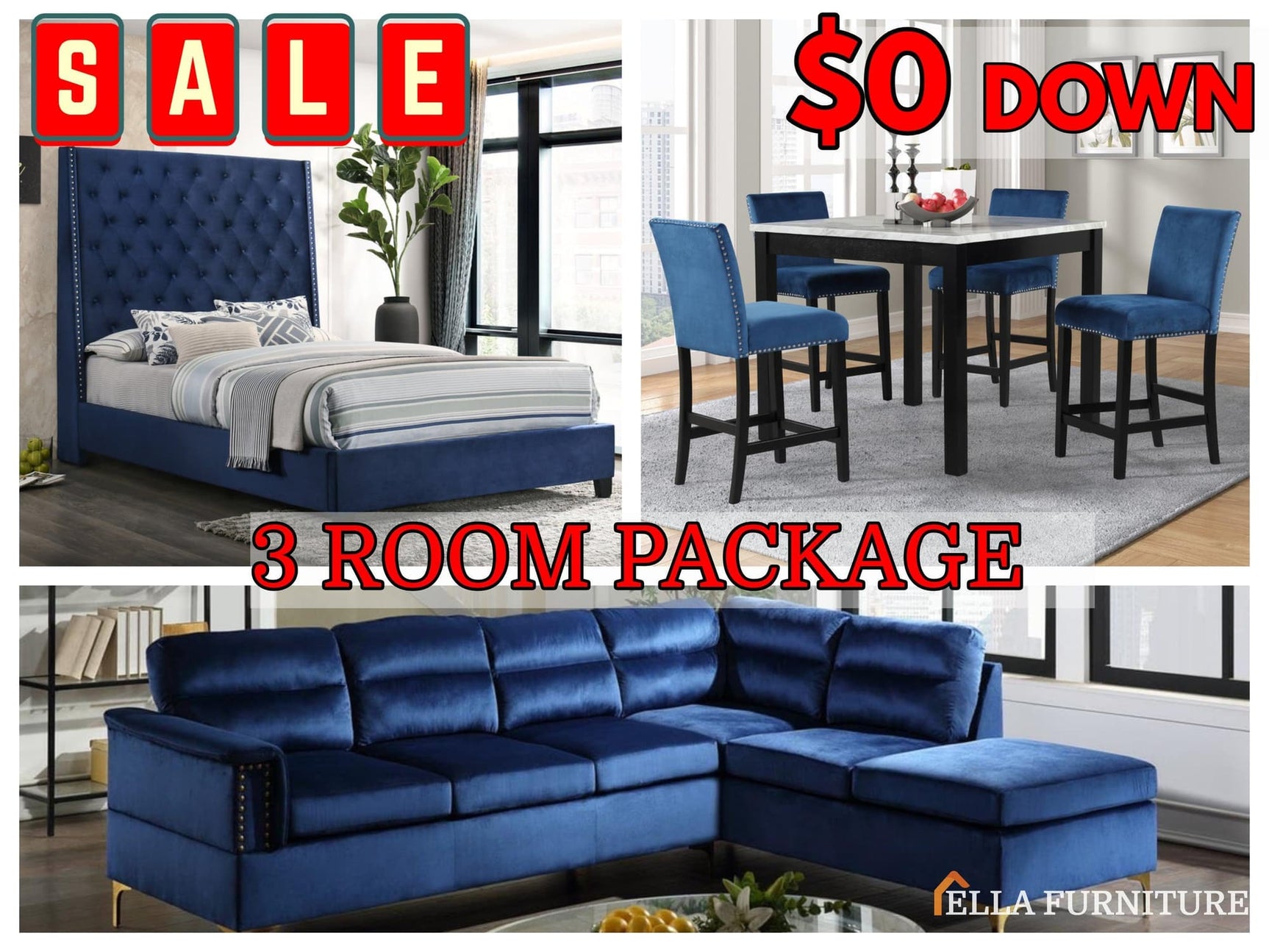 3-Room Furniture Package including queen bed, velvet sectional sofa, and 5-piece dining set