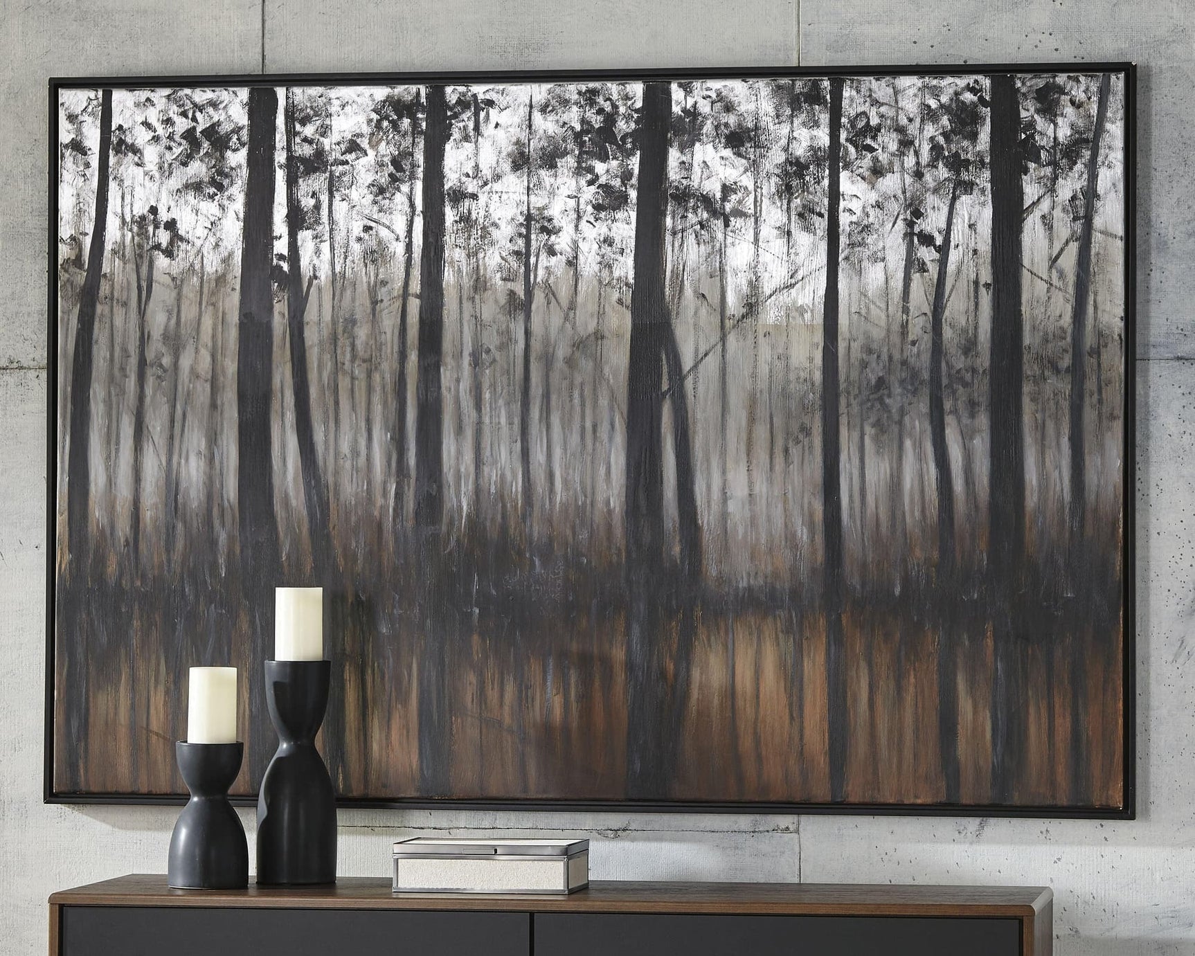 Philyra 72x48 wall art showing silver trees and orange water, front angle