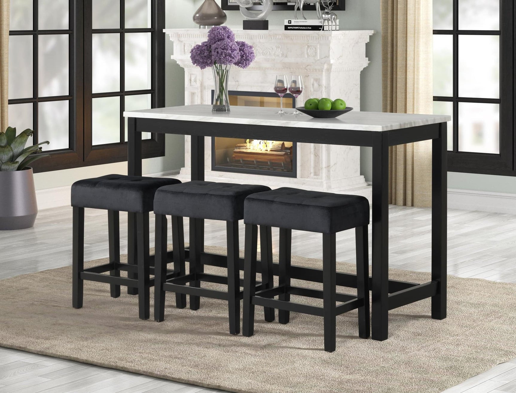 Gloria Gloria Black Linen Modern Solid Wood And Veneers Pub Table + 3 Velvet Chair Set - Ella Furniture