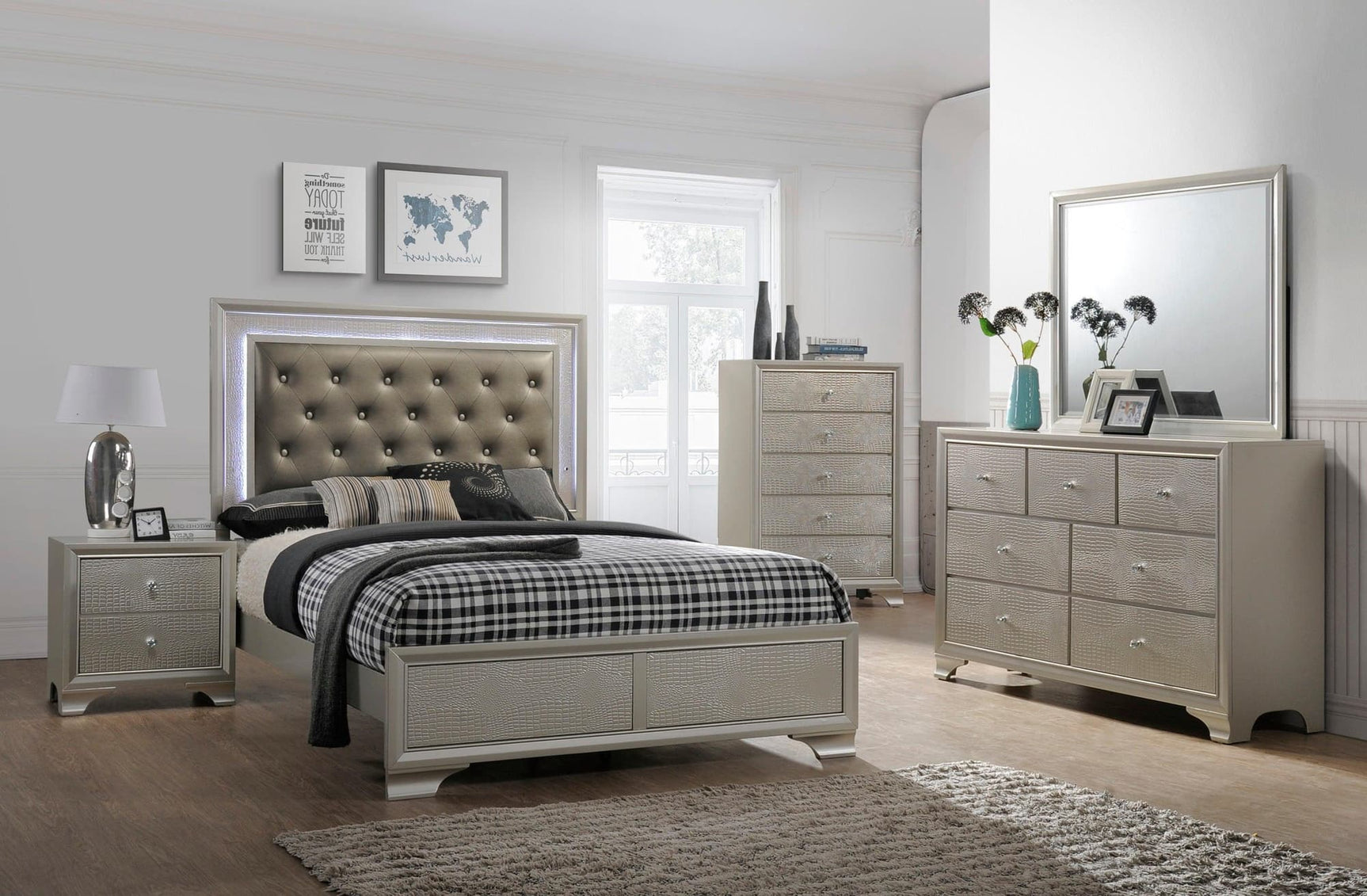 Lyssa Champagne Modern Faux Finish LED Fabric Upholstered Tufted Panel Bedroom Set - Ella Furniture