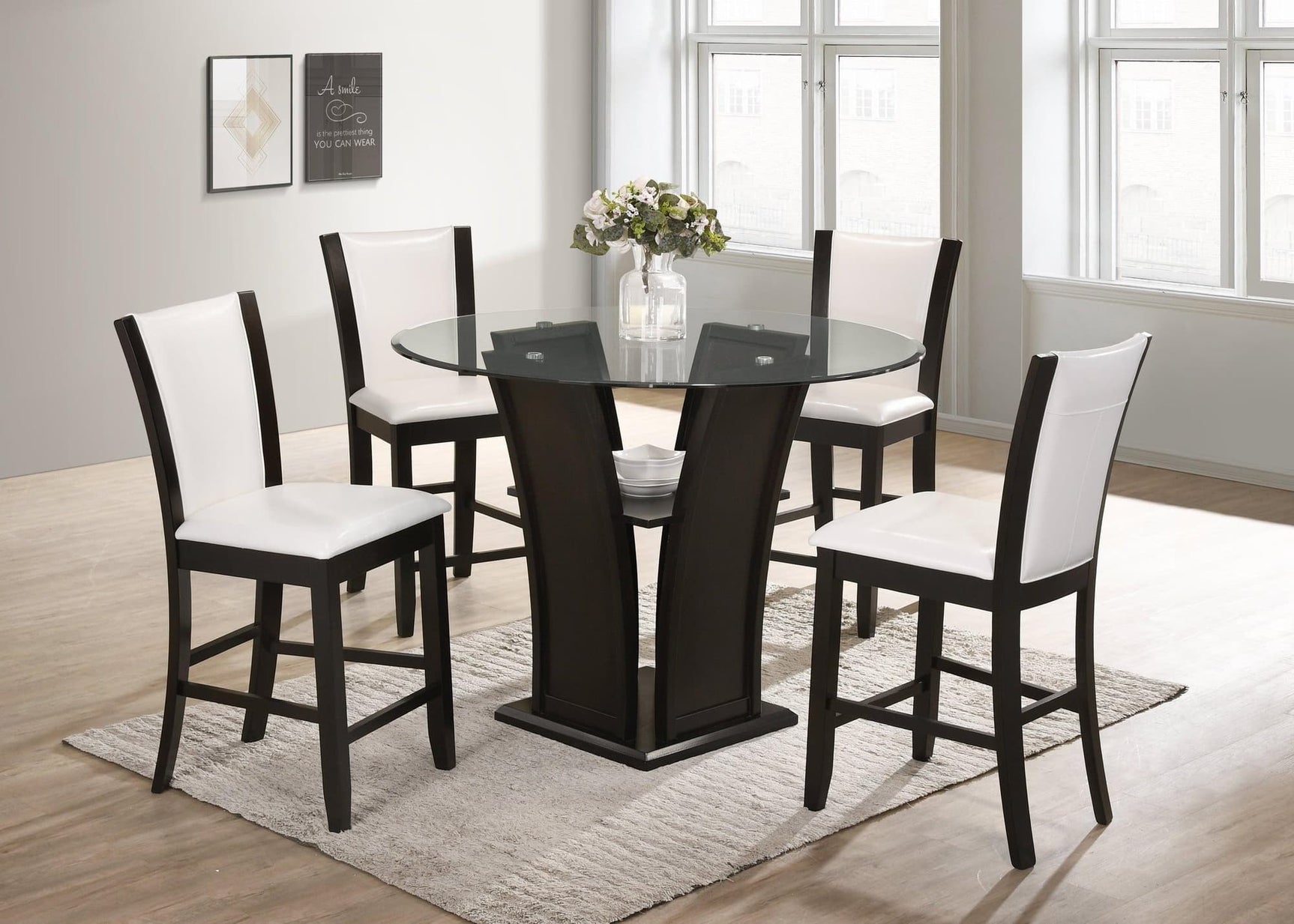 Orlando White Modern Solid Wood And Round Glass Pub Table + 4 Faux Leather Chair Dining Set - Ella Furniture