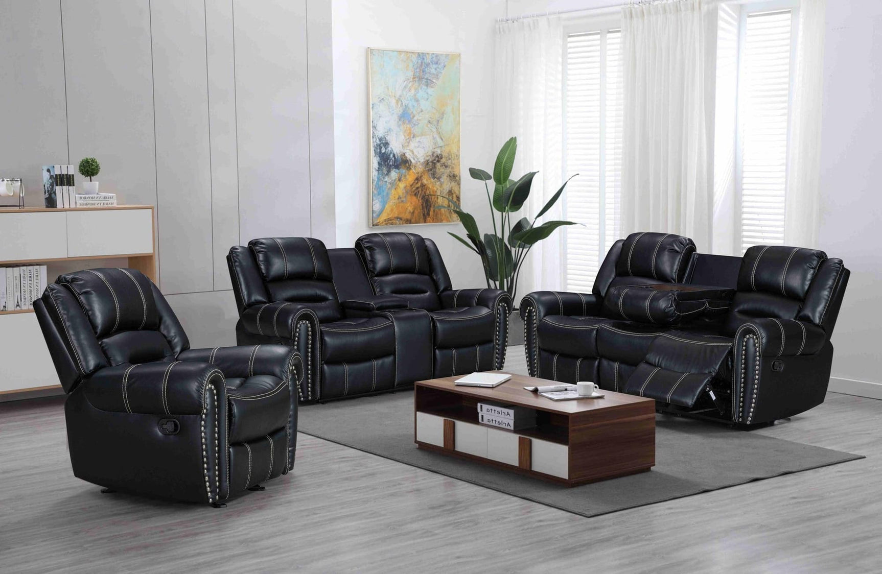 Lexington2023 Black Modern Contemporary Faux Leather Gel 3Pc Reclining Living Room - Ella Furniture