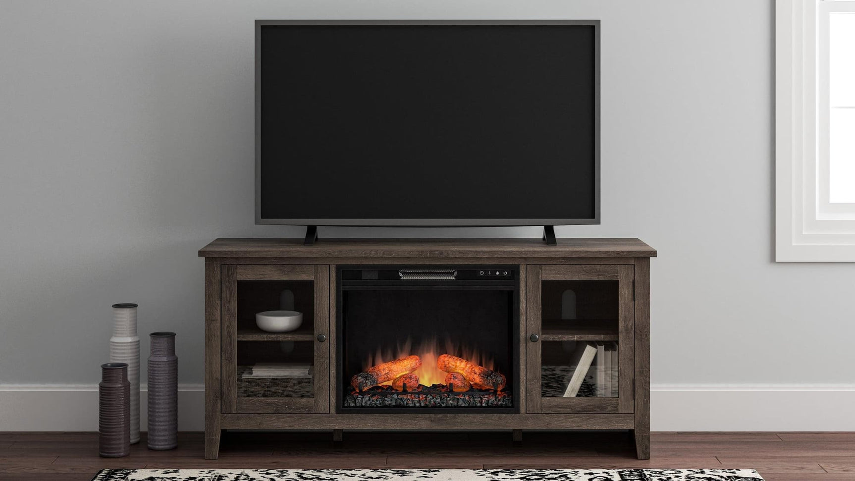 Arlenbry Gray Modern Contemporary Transitional Wood TV Stand With Storage With Glass Doors With Fireplace - Ella Furniture