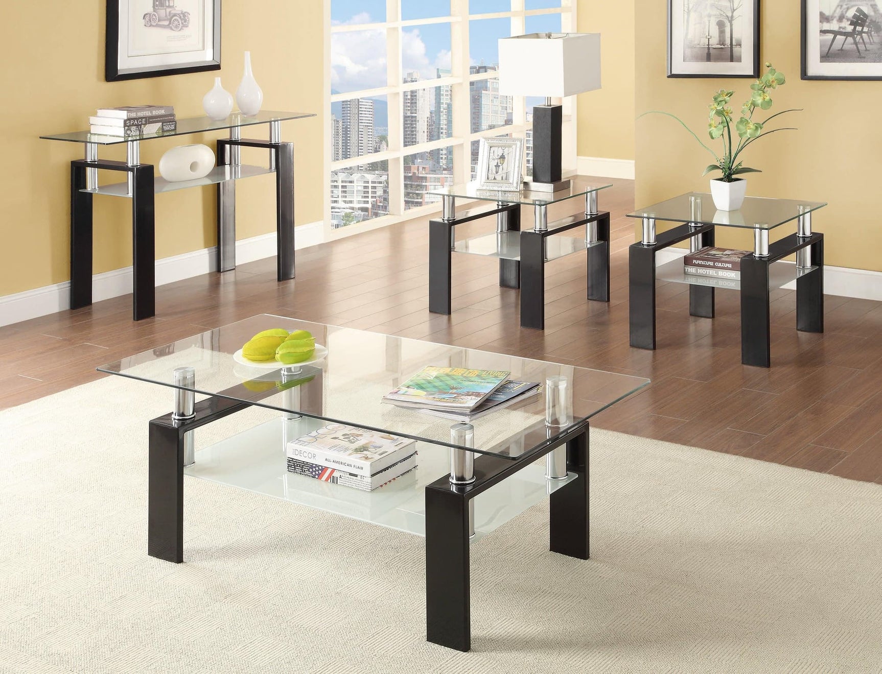 Dyer Tempered Glass End Table With Shelf Black - Ella Furniture