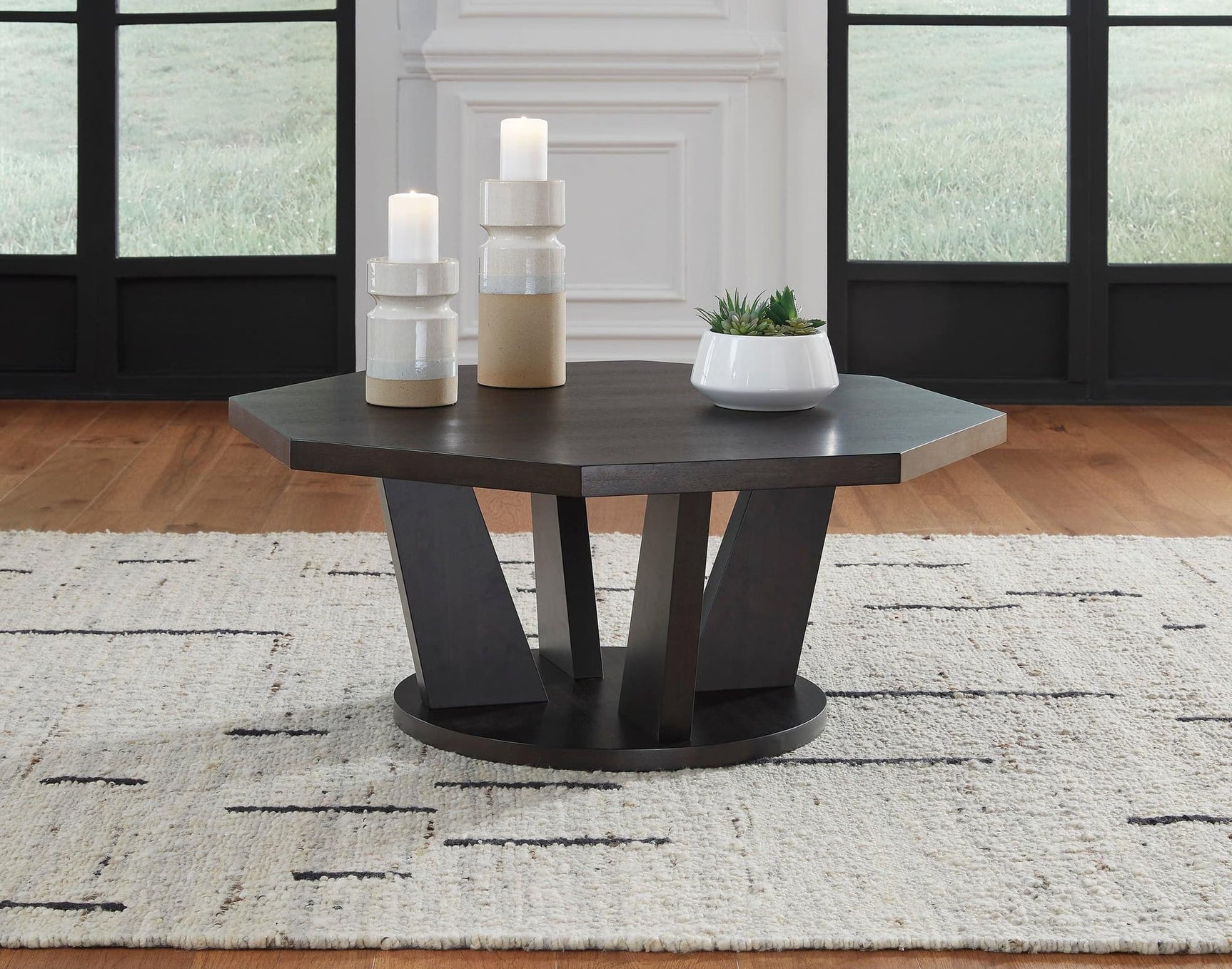 Dark Brown Modern Contemporary Mango Wood Veneer Octagonal Trapezoid Cocktail Table - Ella Furniture
