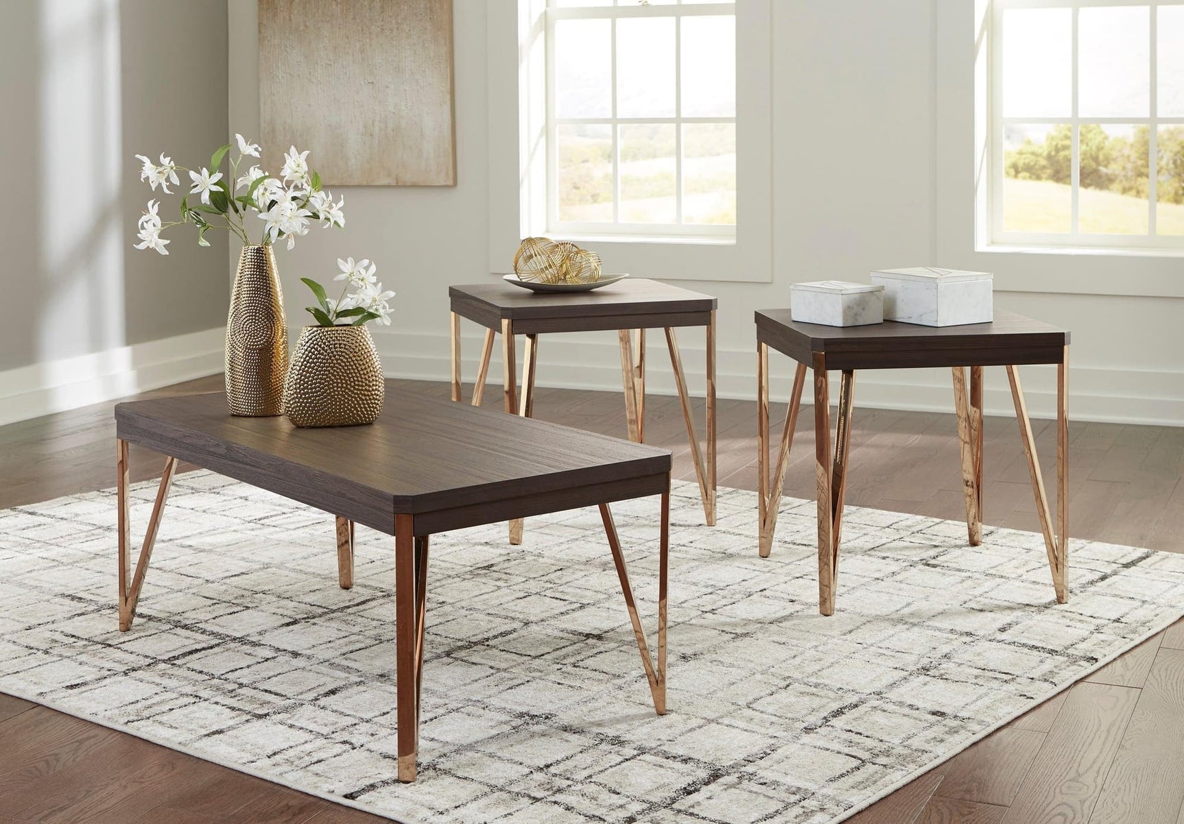 Brown/Champagne Modern Contemporary Solid Wood Metal Rectangular Occasional Table Set - Ella Furniture
