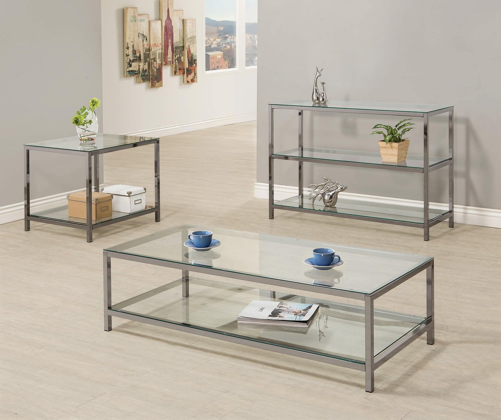 Trini Coffee Table With Glass Shelf Black Nickel - Ella Furniture