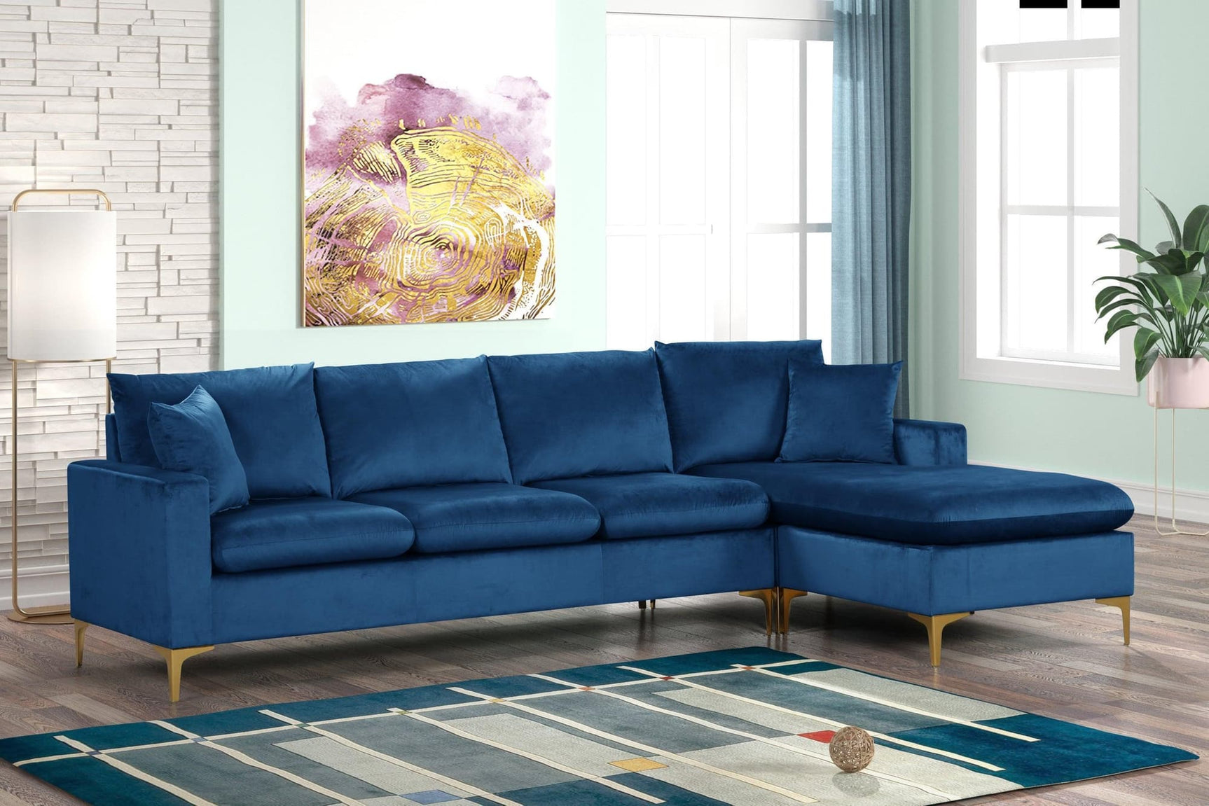 Amber Blue Modern Contemporary Solid Wood Velvet Upholstered Reversible Sectional - Ella Furniture