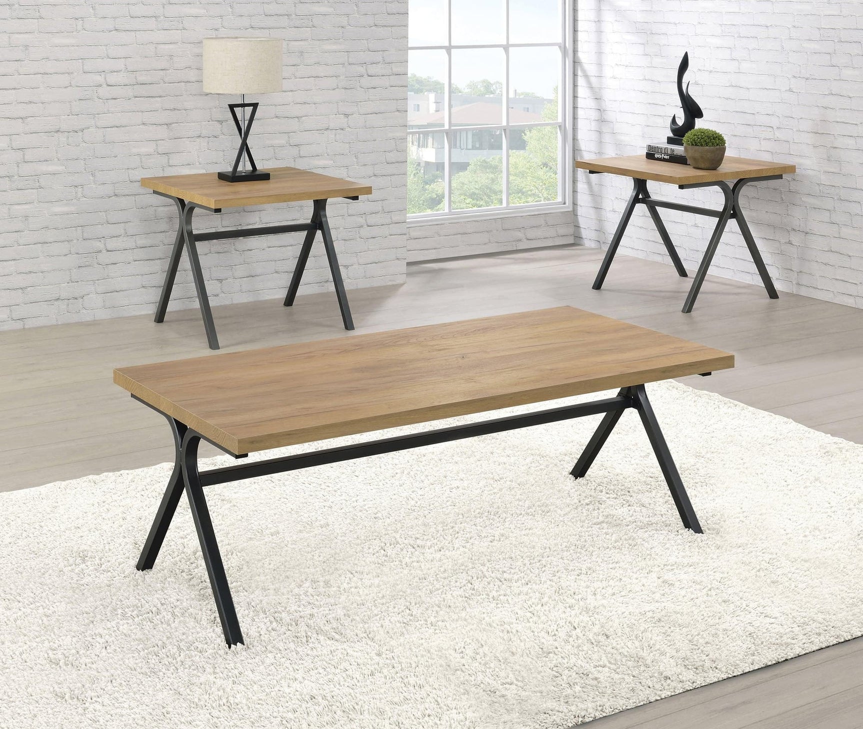 Colmar 3-Piece Trestle Occasional Table Set Golden Oak And Gunmetal - Ella Furniture