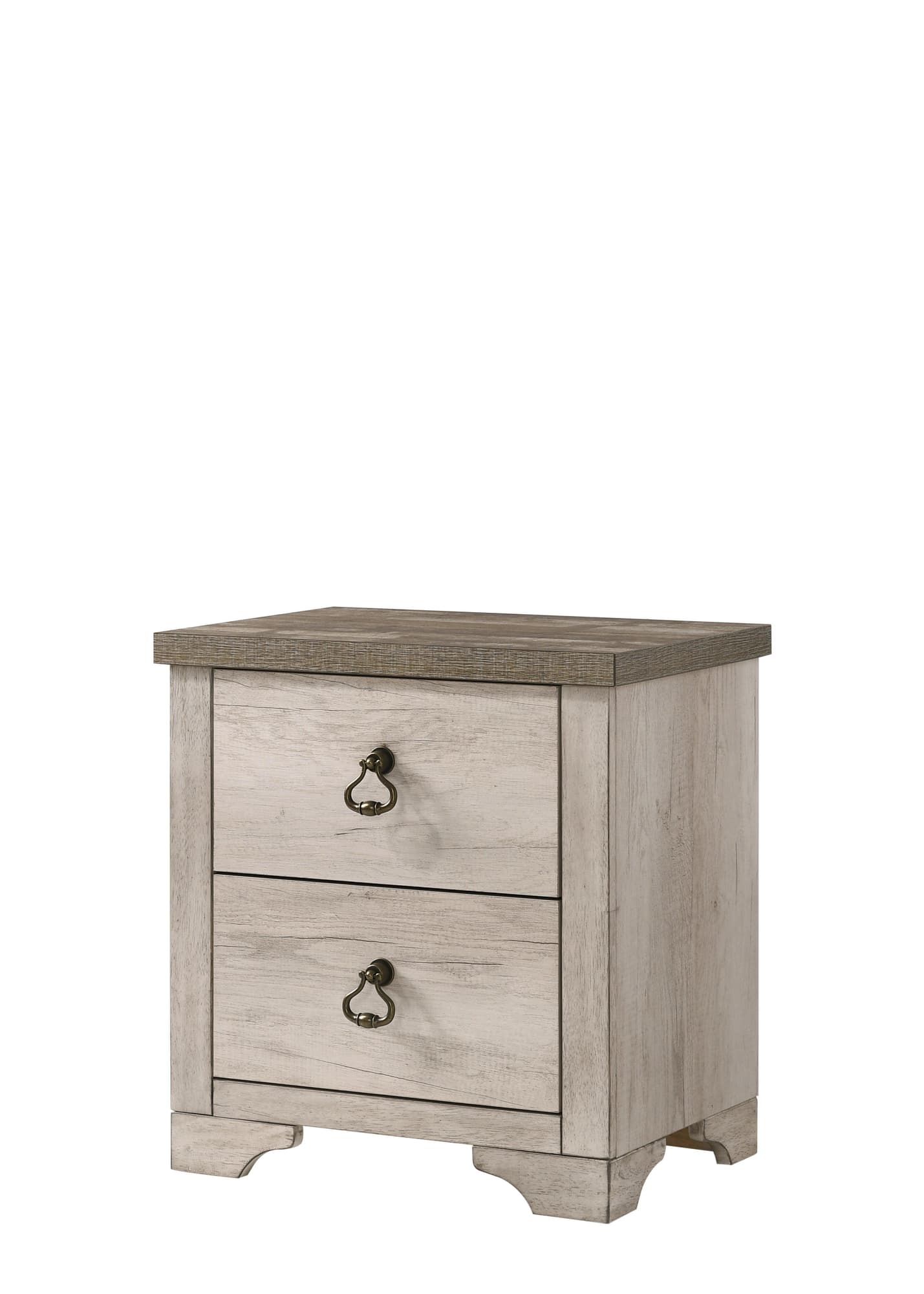 Patterson Night Stand Driftwood, Sleek And Modern Wood, Metal Ring 2 Drawers - Ella Furniture
