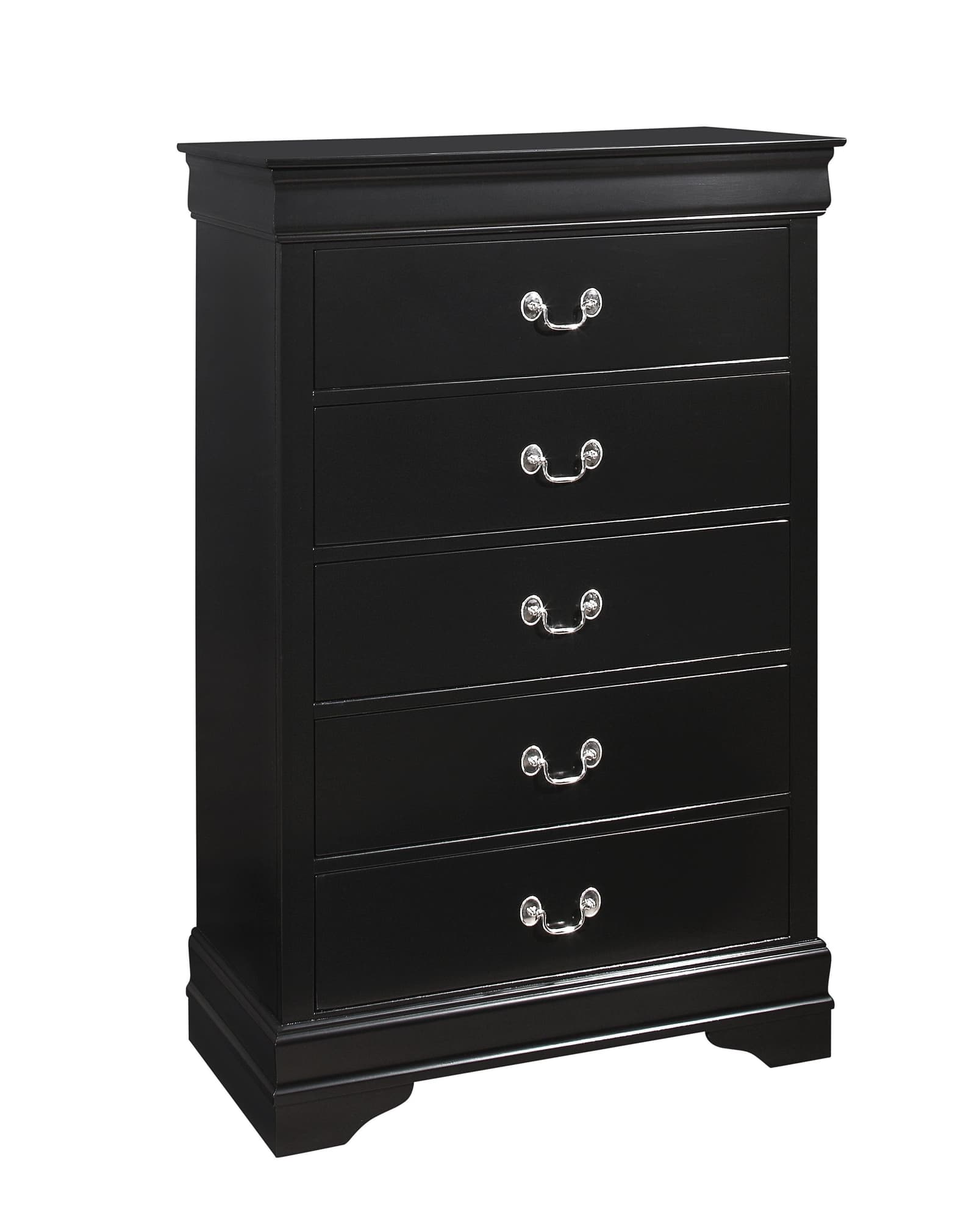 Louis Philip 5-D Chest Black, Sleek And Modern Wood And Veneers, Pewter Bail 5 Drawers - Ella Furniture