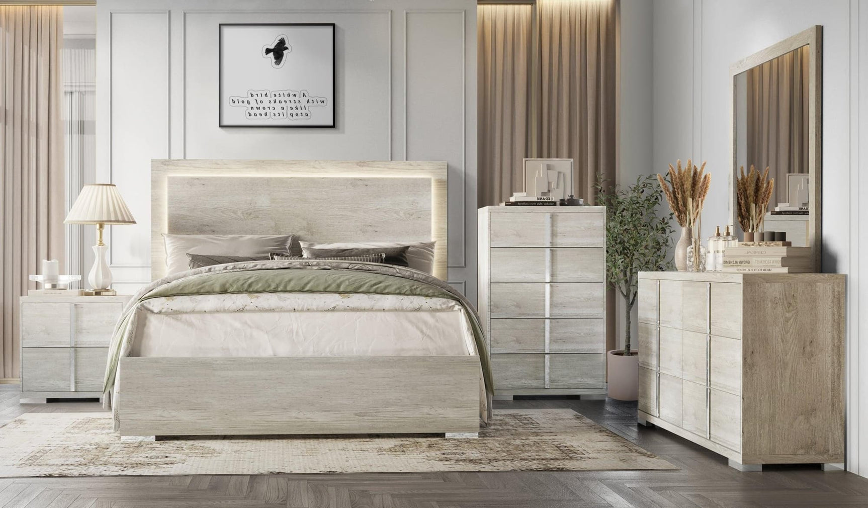 Beige Modern Contemporary Solid Wood and Veneer Bedroom Set - Ella Furniture