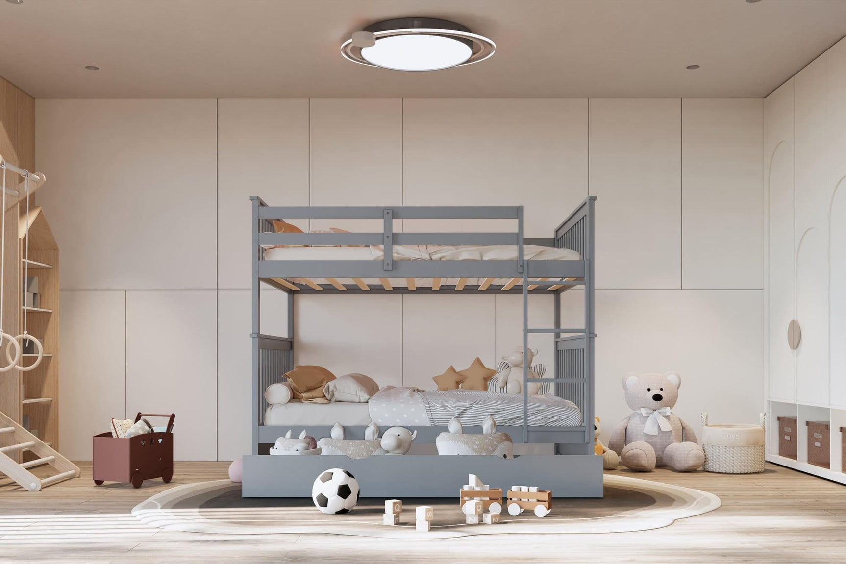 Gray Modern Solid Wood And Veneers Trundle Twin Over Twin Bunk Beds - Ella Furniture