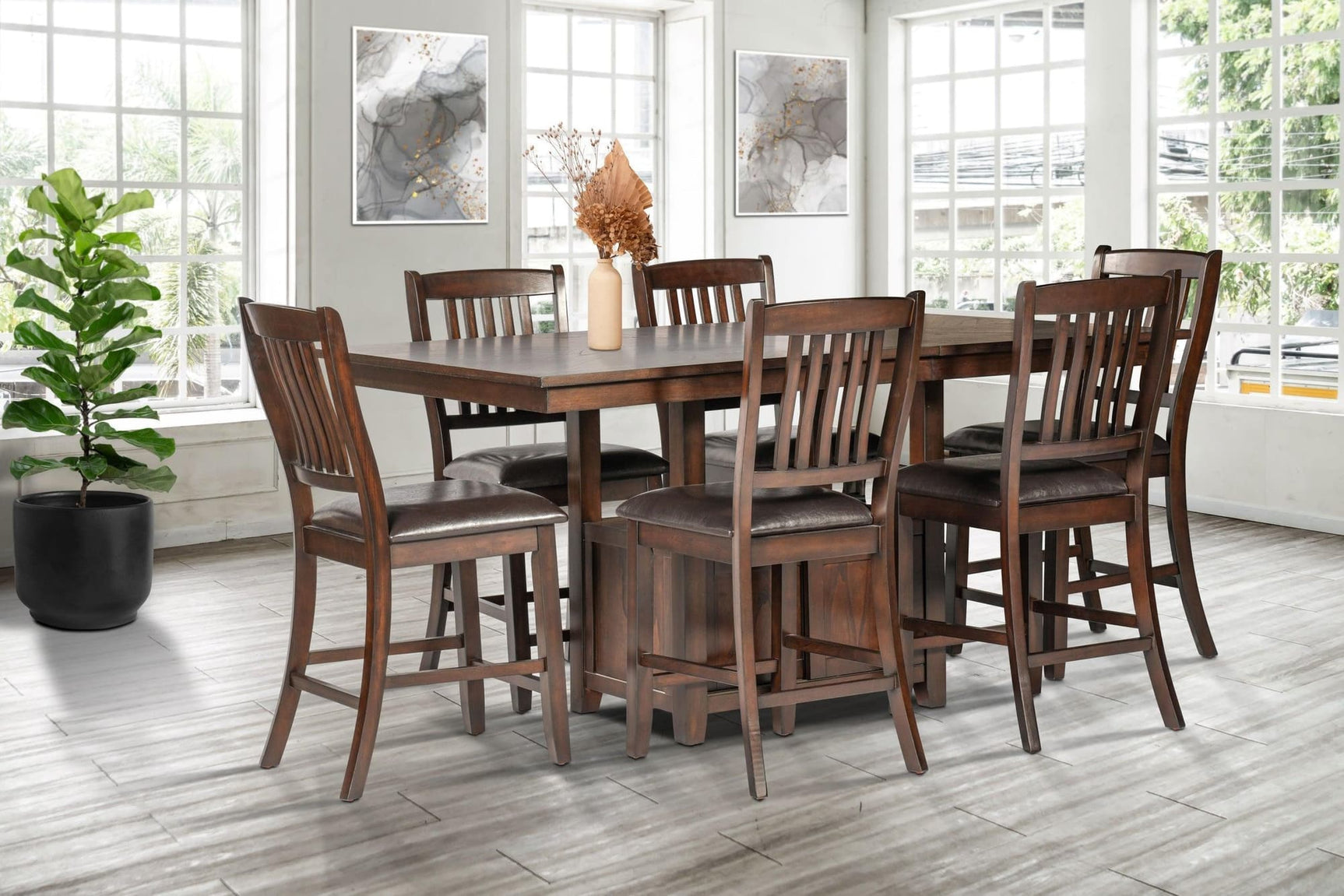 Brown Modern Contemporary Solid Wood And Veneers Faux Leather Dining Room Set - Ella Furniture