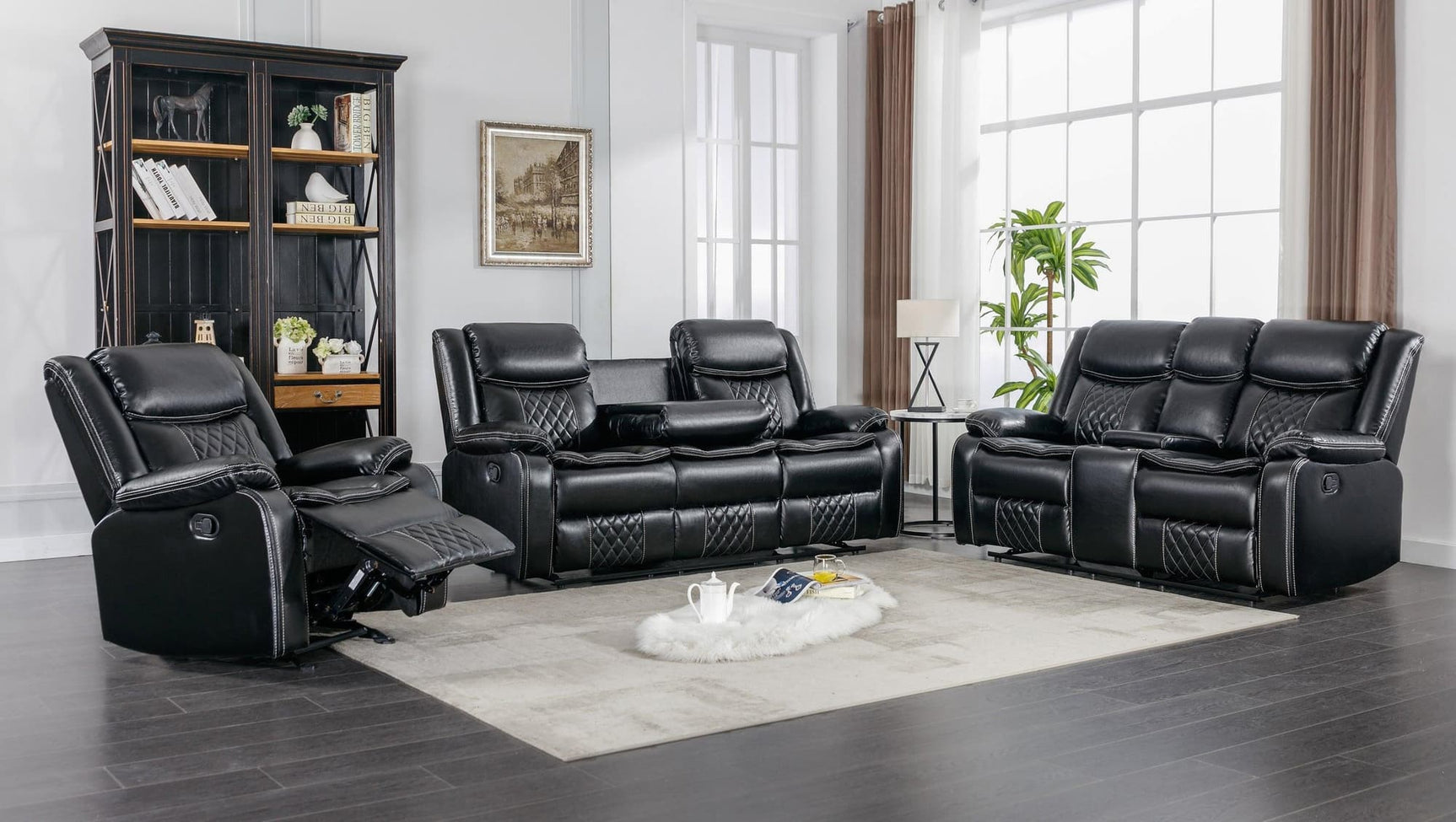 Weston Black Modern Contemporary Solid Wood Faux Leather 3Pc Reclining Living Room Set - Ella Furniture