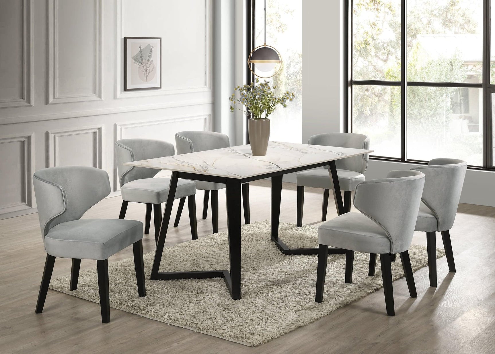Hamilton White Silver Dining Table + 6 Chair Set - Ella Furniture