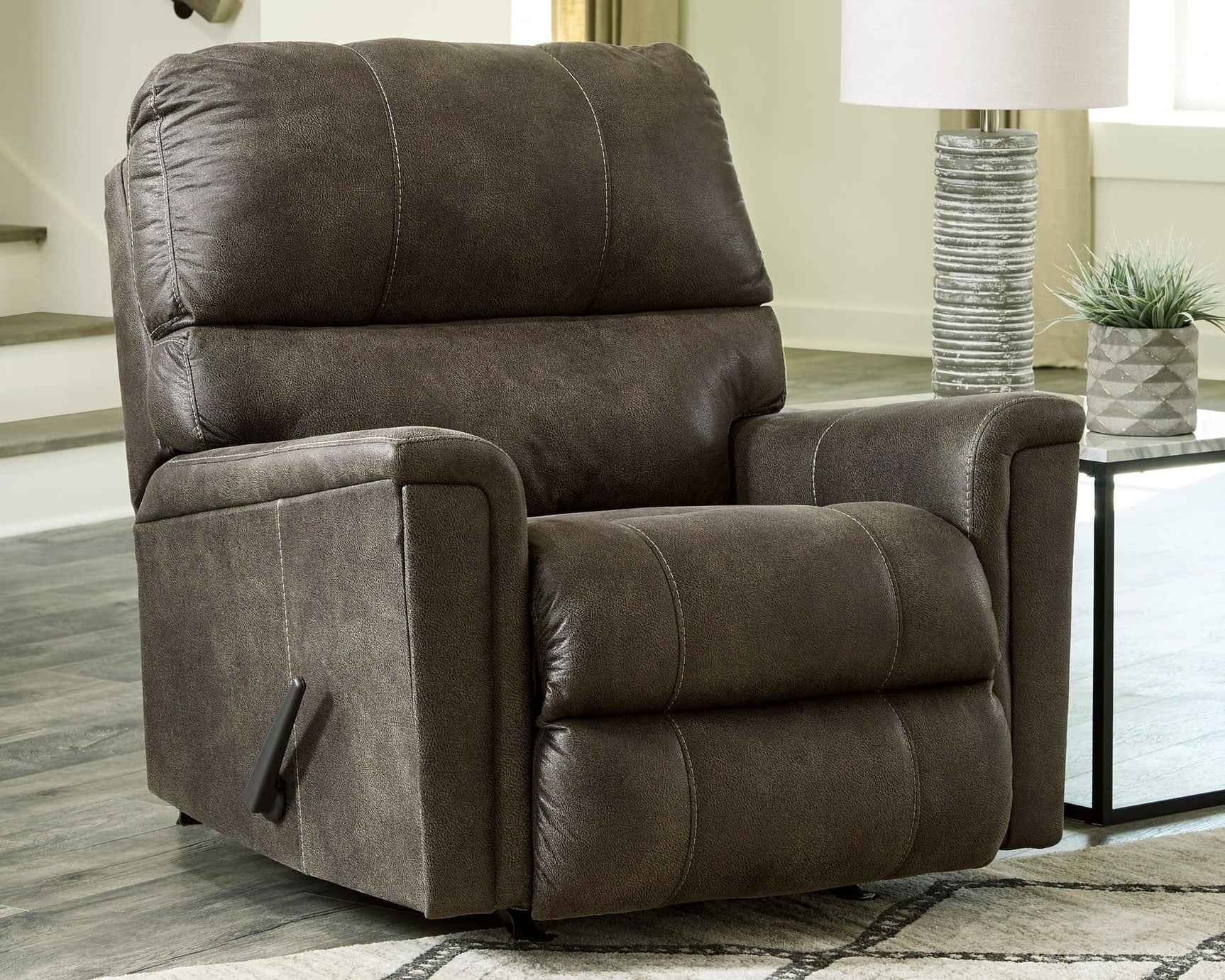 Navi Smoke Faux Leather Recliner - Ella Furniture