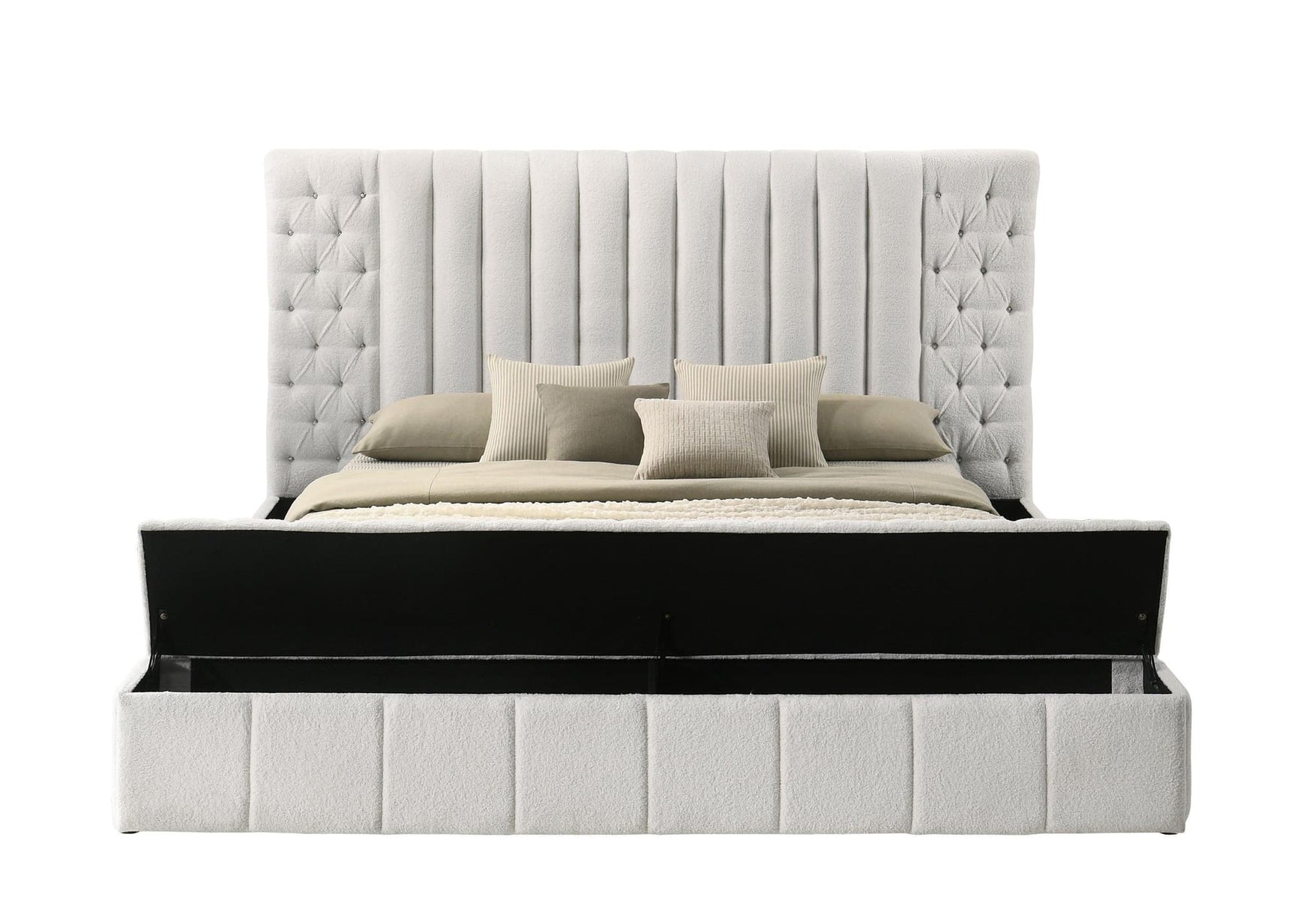 Danbury White Modern Solid Wood Velvet/Fabric Upholstered Tufted Storage Queen Bed - Ella Furniture