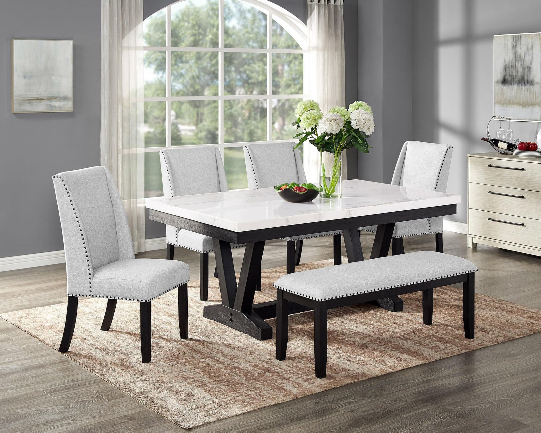 Varley/Vance White Modern Solid Wood Marble Top Fabric Upholstered Dining Room Set - Ella Furniture
