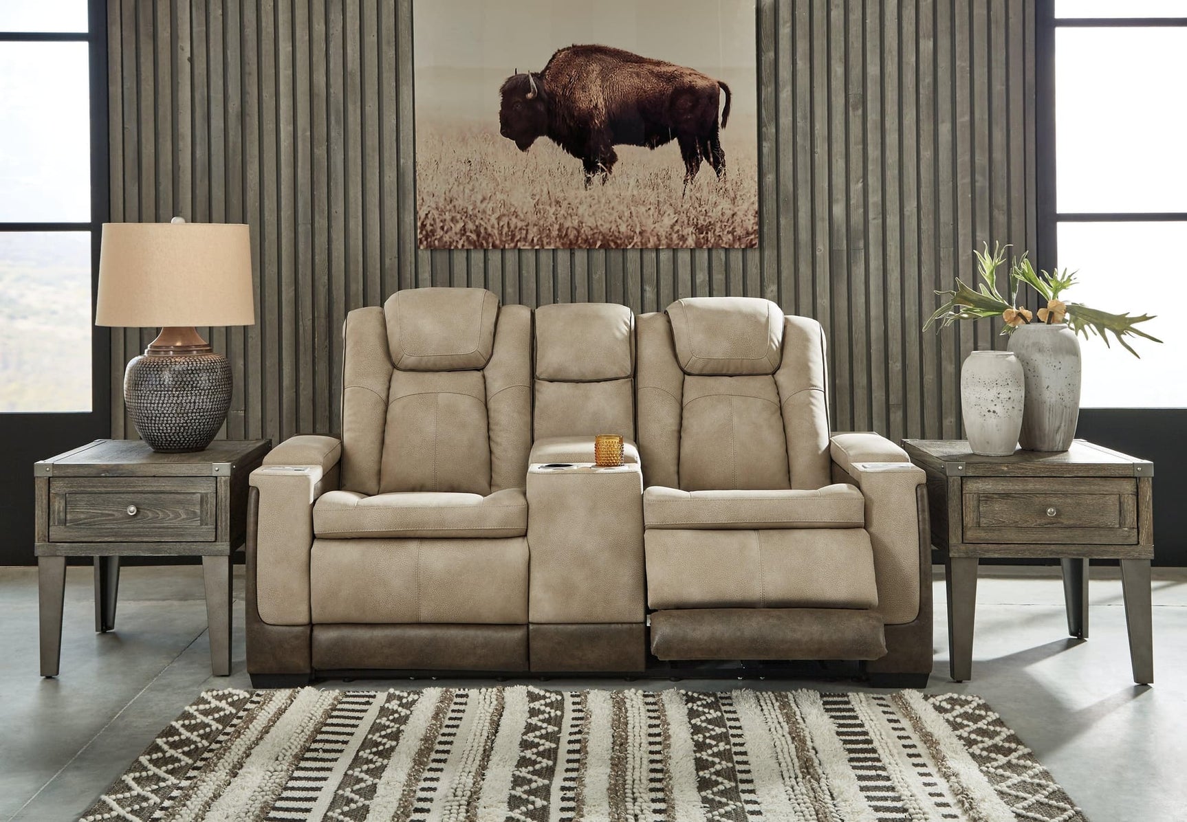 Next-gen Durapella Sand Faux Leather Power Reclining Loveseat With Console - Ella Furniture