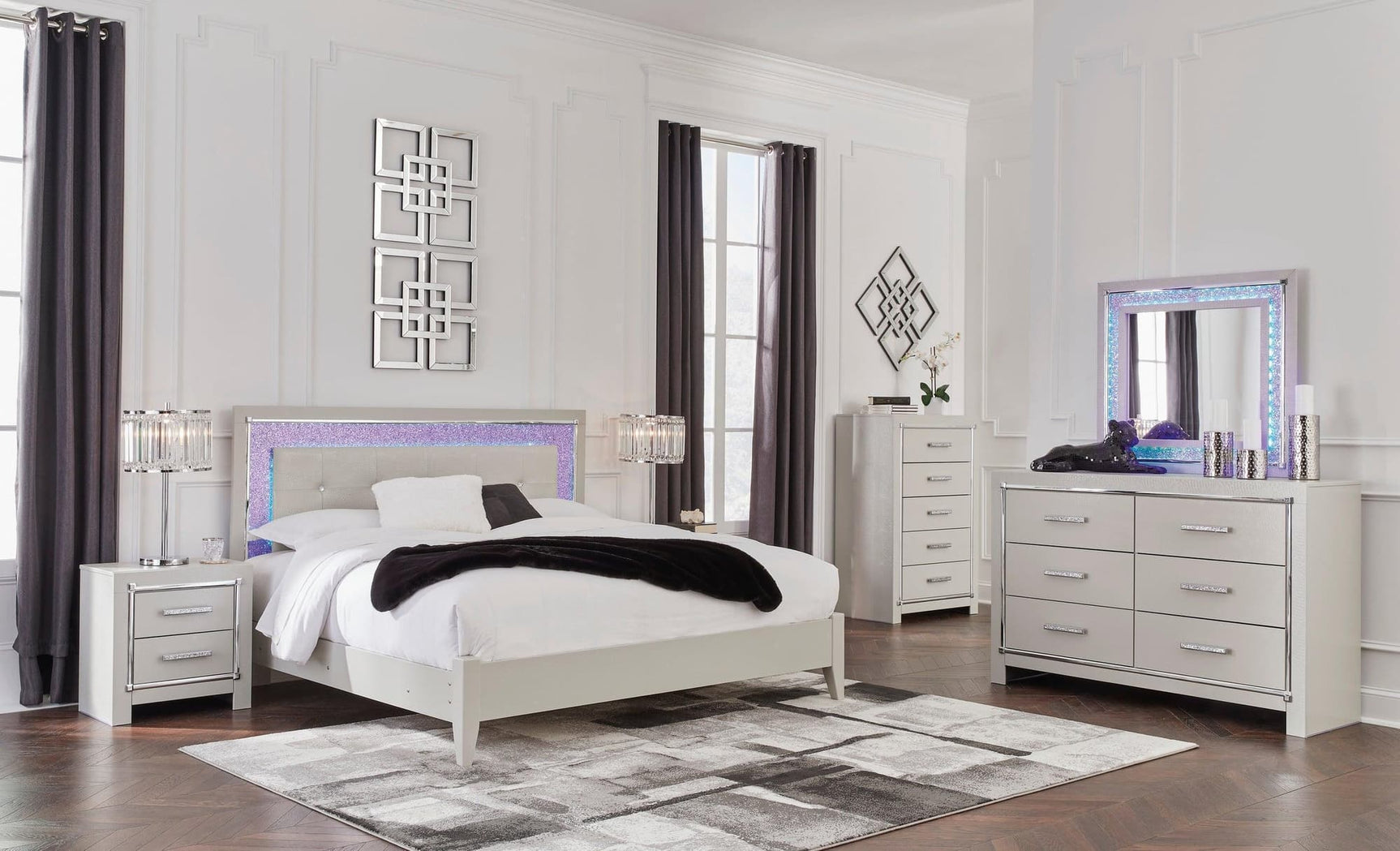 Zyniden Silver Upholstered LED Panel Bedroom Set