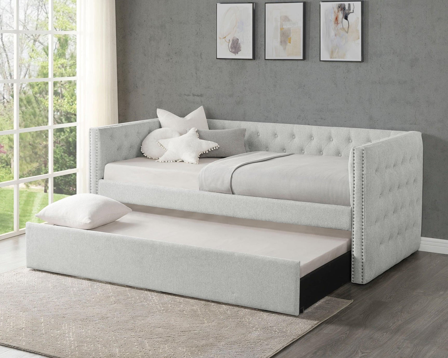 Trina Dove Gray Modern Solid Wood Fabric Upholstered Tufted Trundle Daybed - Ella Furniture