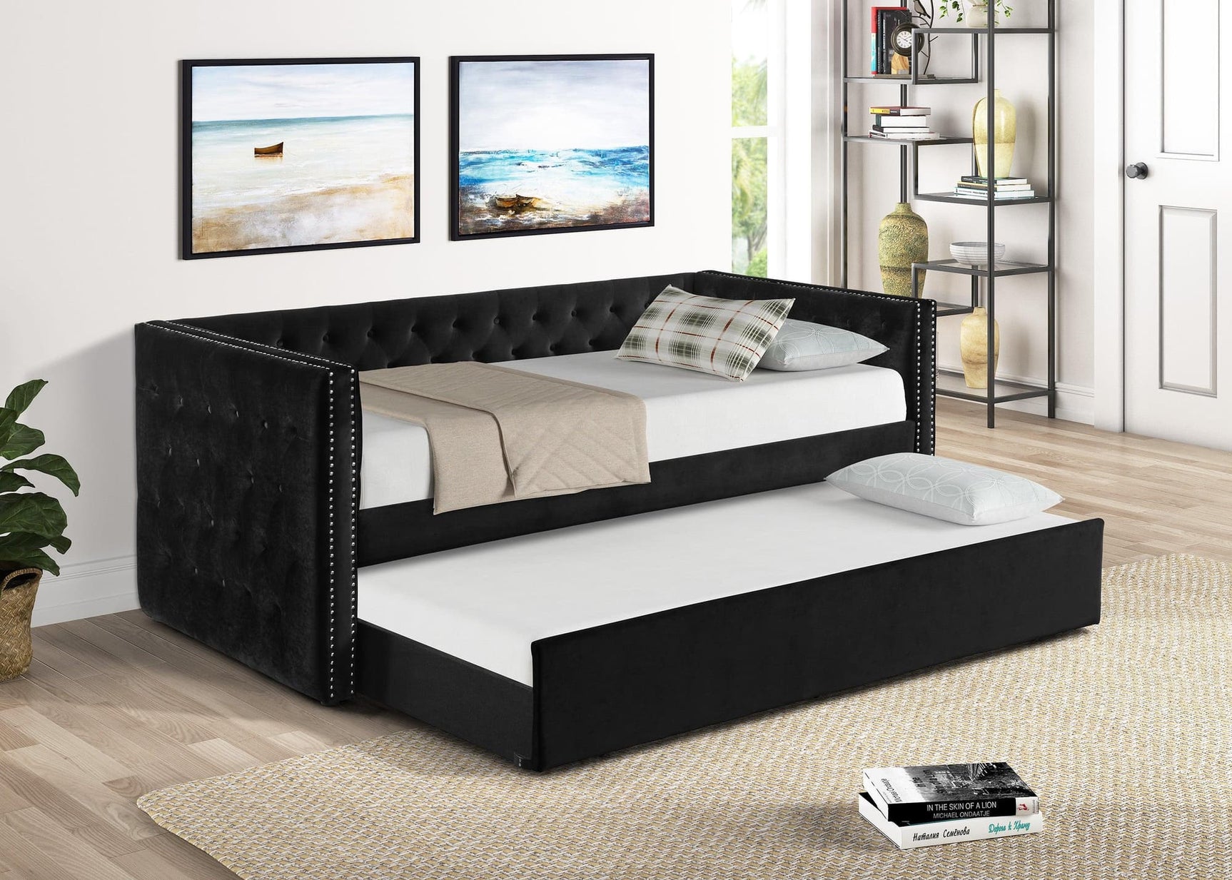 Trina Black Velvet Upholstered Trundle Tufted Twin Daybed - Ella Furniture