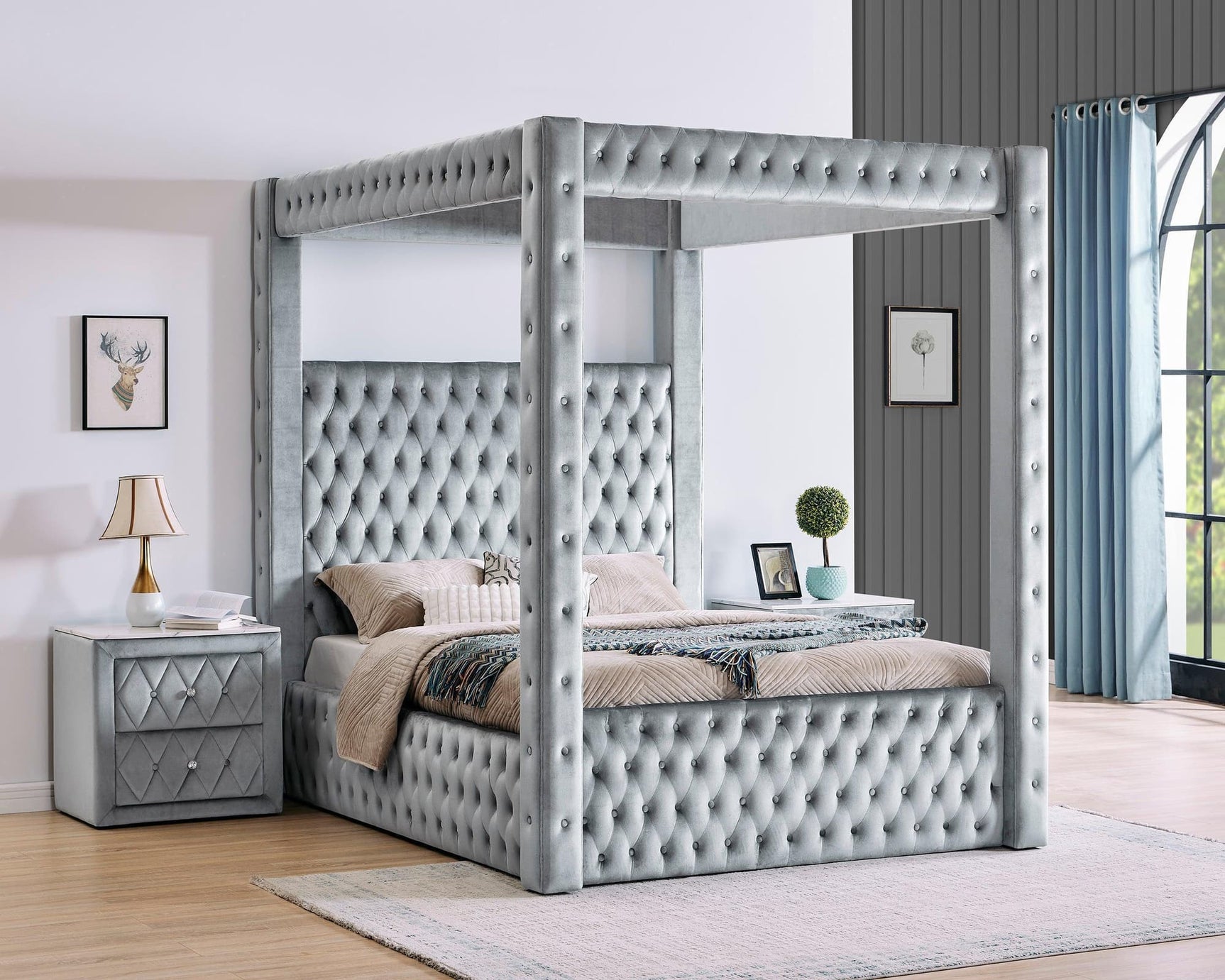 Annabelle Gray Upholstered Tufted Canopy Panel King Bed
