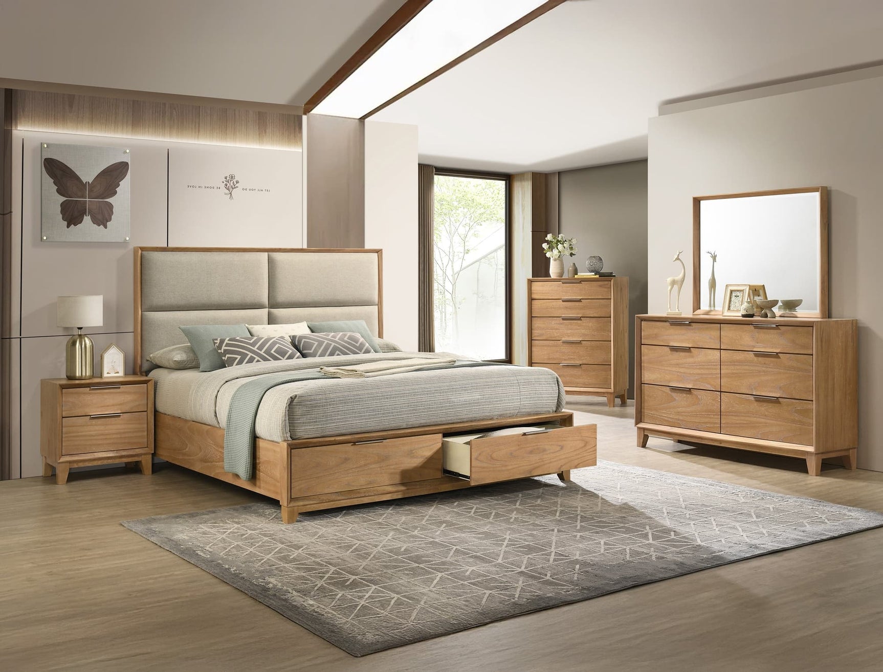 Florian Light Brown Upholstered Storage Platform Bedroom Set