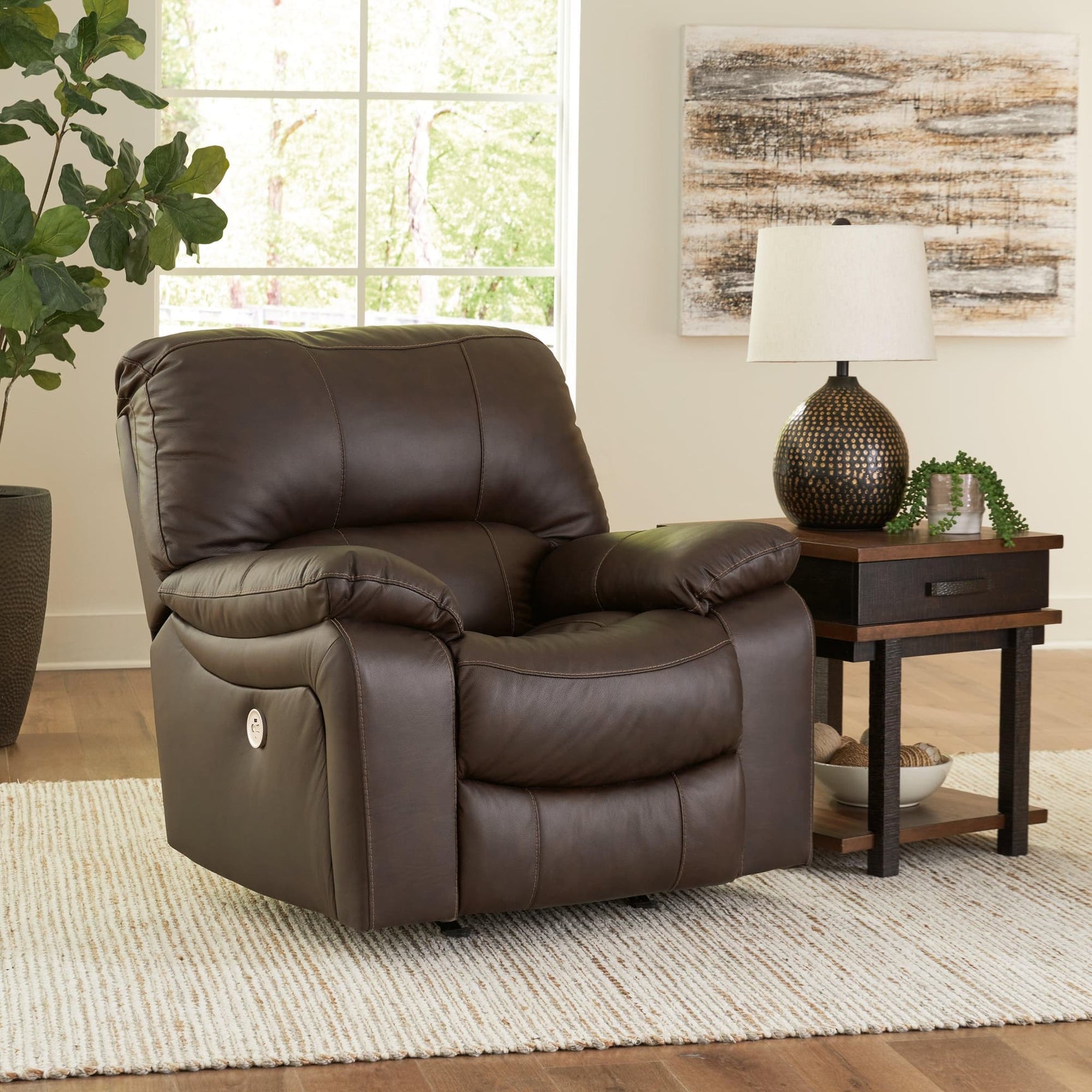 Leesworth Dark Brown Leather Power Recliner - Ella Furniture