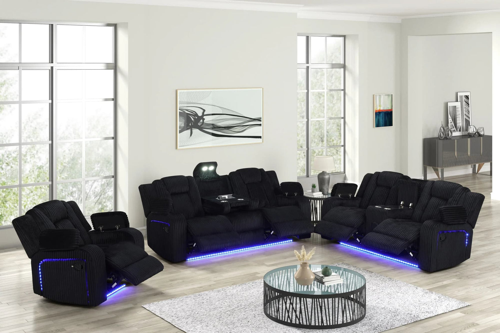 Hulk Black Fabric 3-Piece Reclining Set