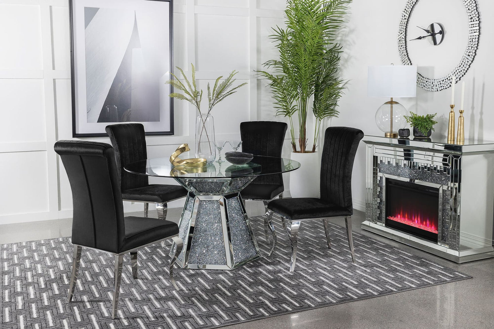 Quinn Black Round Glass Top Mirrored Dining Room Set