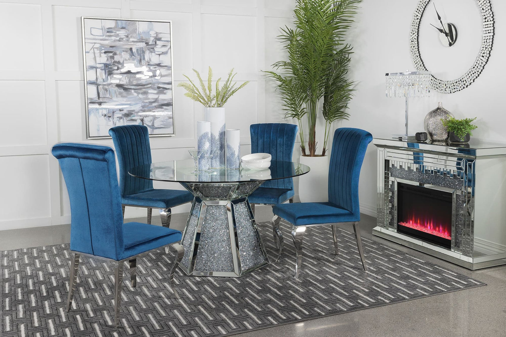 Quinn Teal Round Glass Top Mirrored Dining Room Set