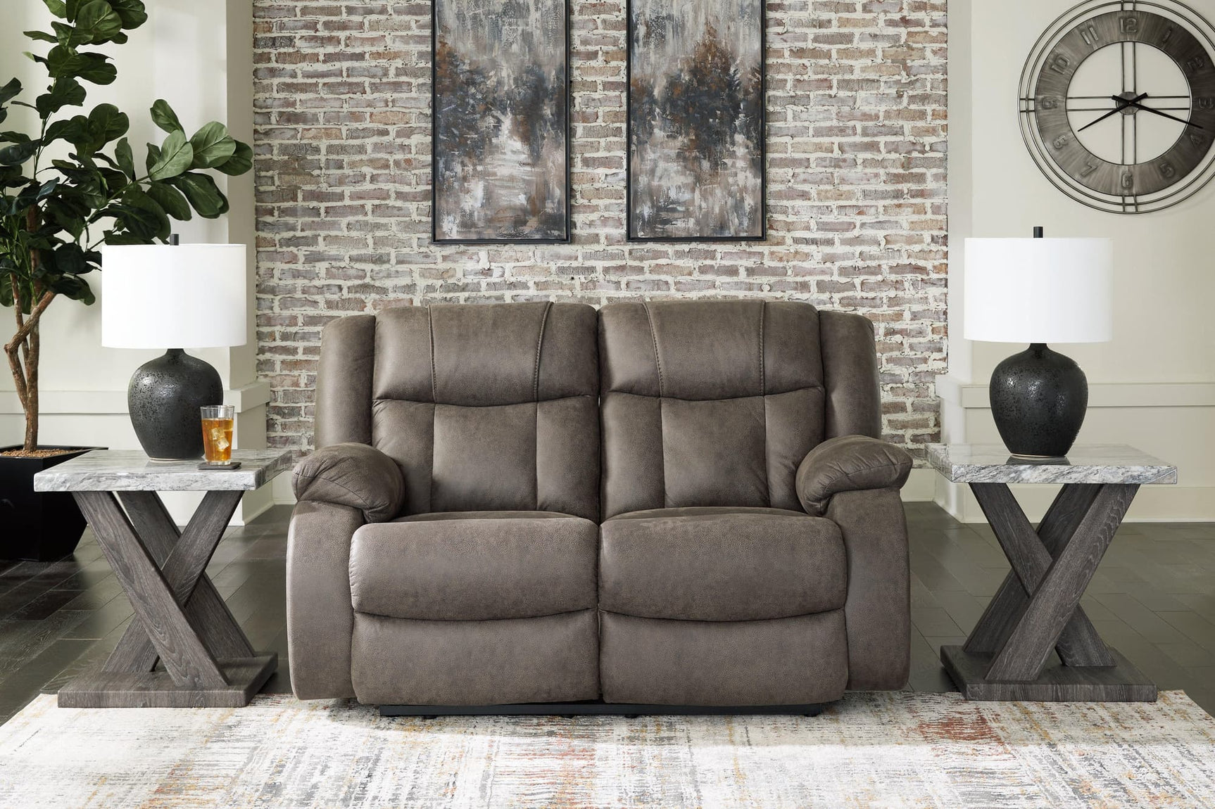 First Base Gunmetal Faux Leather Reclining Loveseat