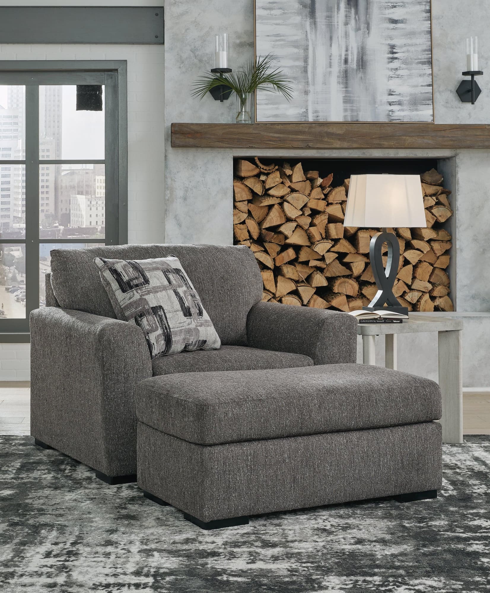 Gardiner Pewter Chair And Ottoman - Ella Furniture