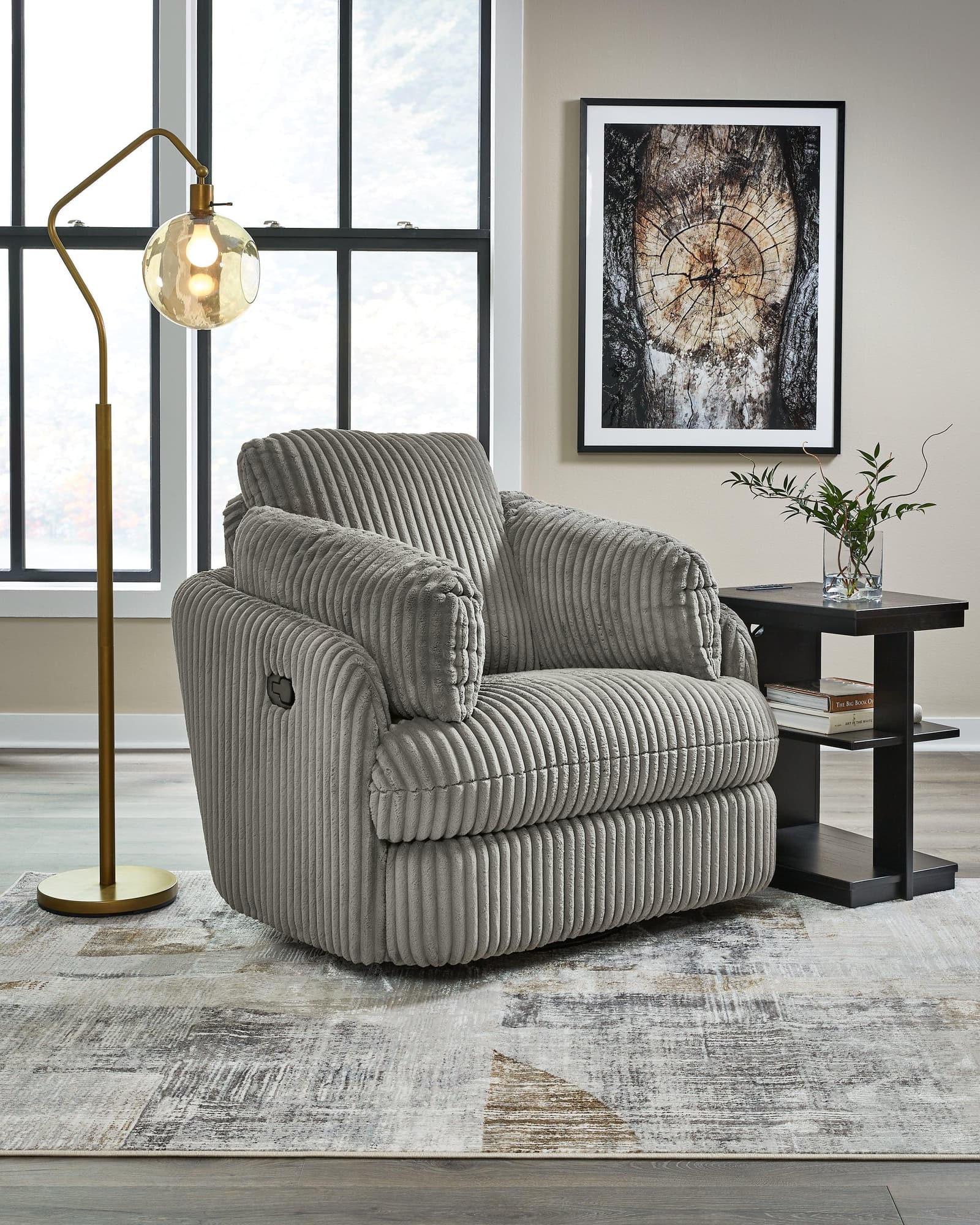 Tie-breaker Fog Velvet Swivel Glider Recliner - Ella Furniture
