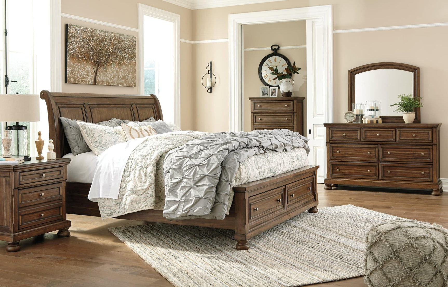 Flynnter Medium Brown Sleigh 2 Storage Bedroom Set - Ella Furniture