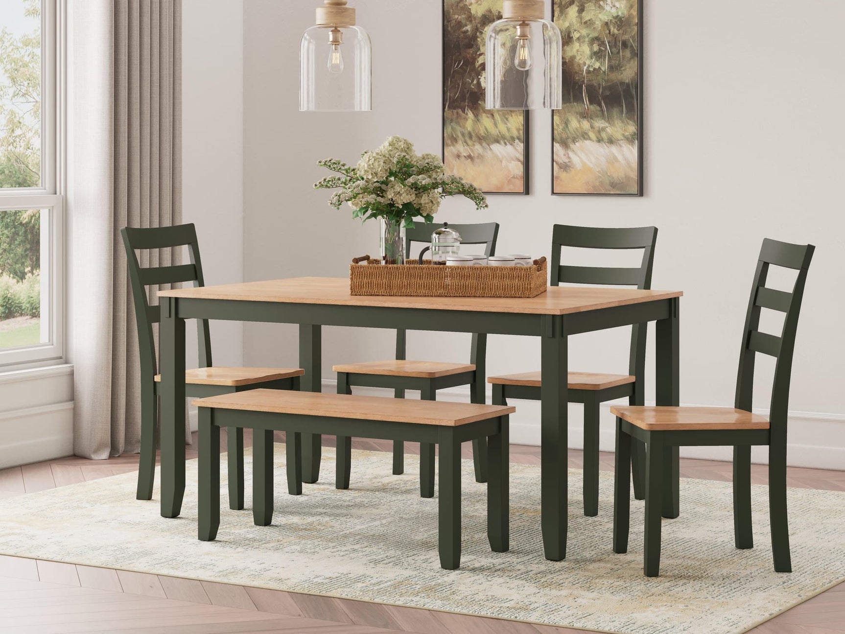 Gesthaven Natural/Green Dining Table with 4 Chairs and Bench (Set of 6) - Ella Furniture