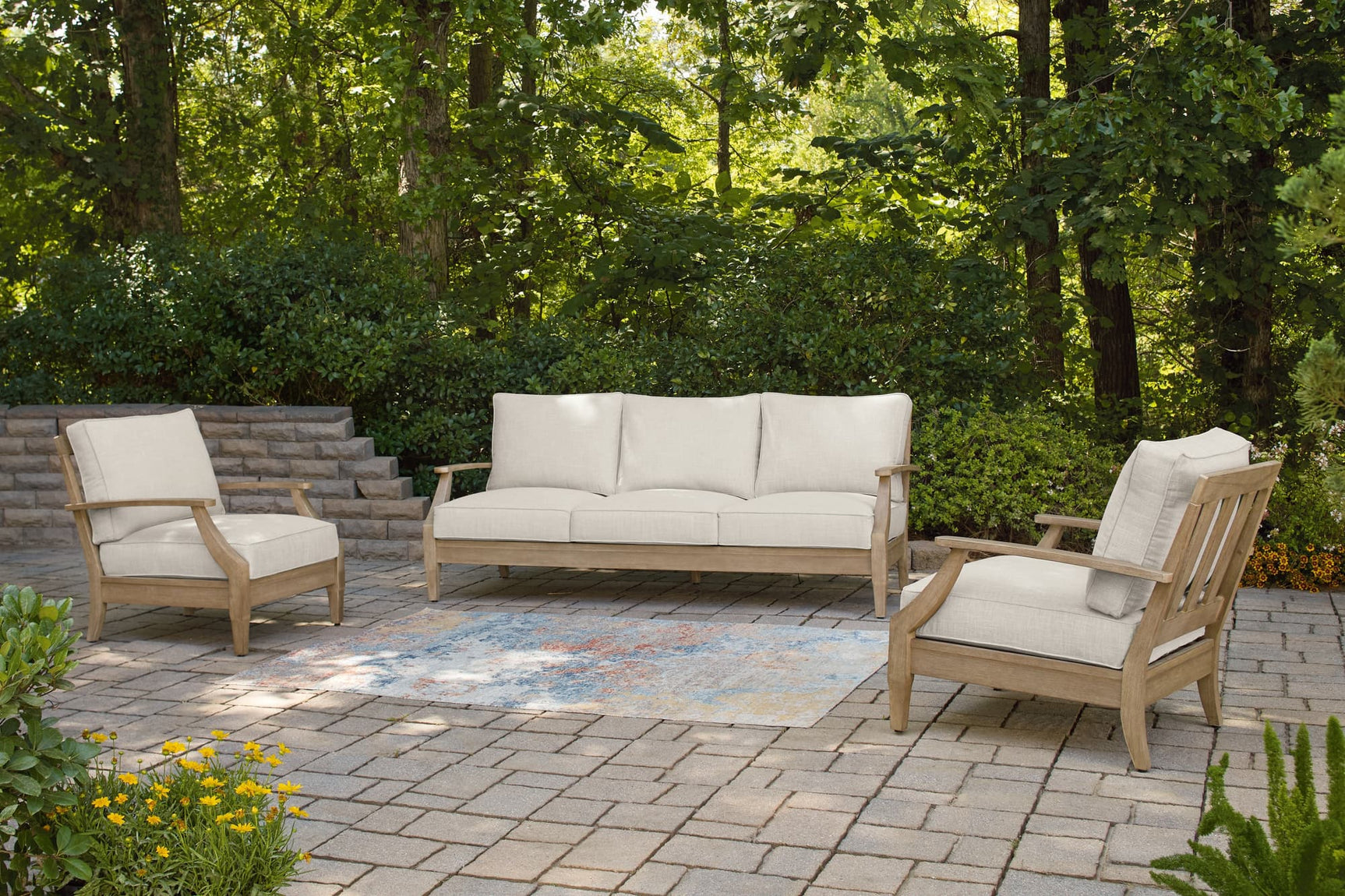 Carter Beige Hall Outdoor Sofa with 2 Lounge Chairs and Coffee Table