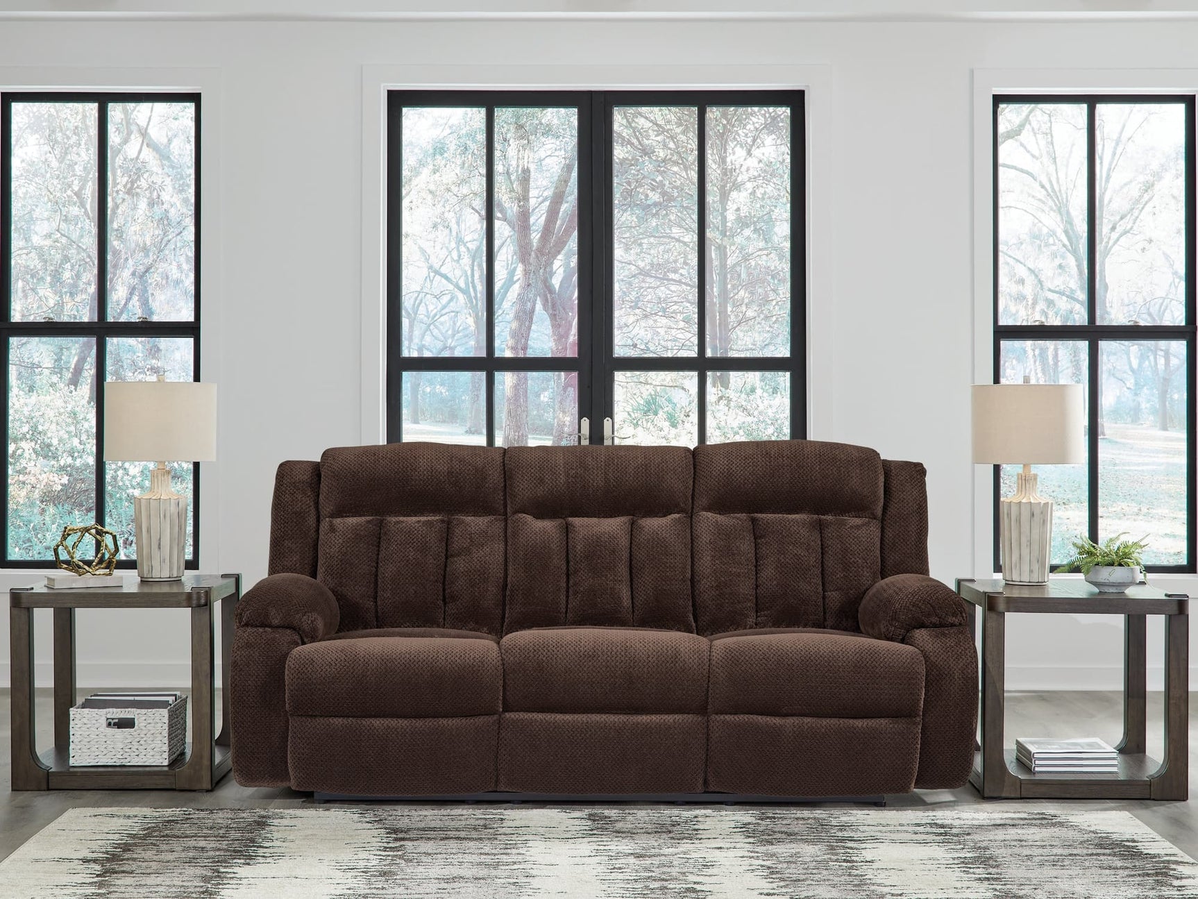 Observation Chocolate Velvet Power Reclining Sofa with Drop Down Table