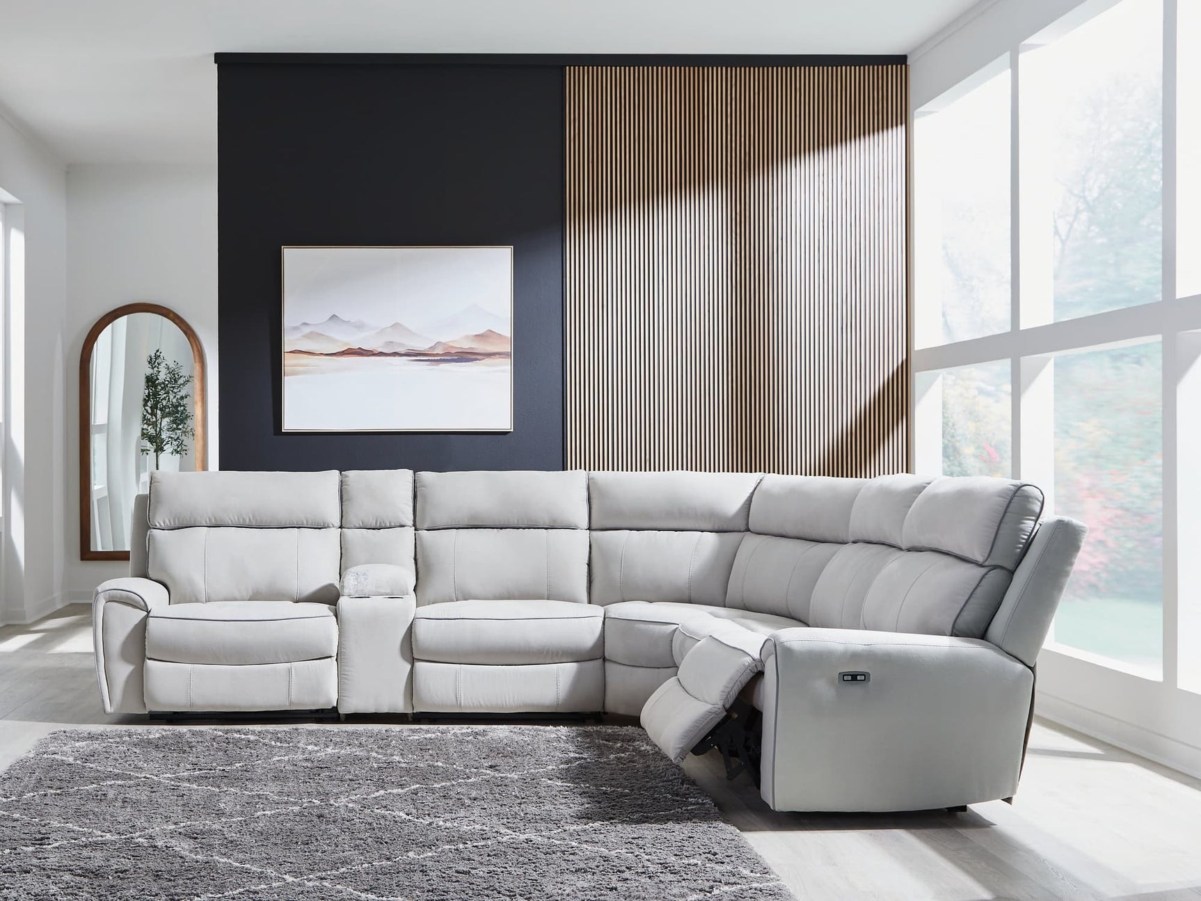 Social Pointe Pearl/Ash Chenille 6-Piece Reclining Sectional with Storage Console
