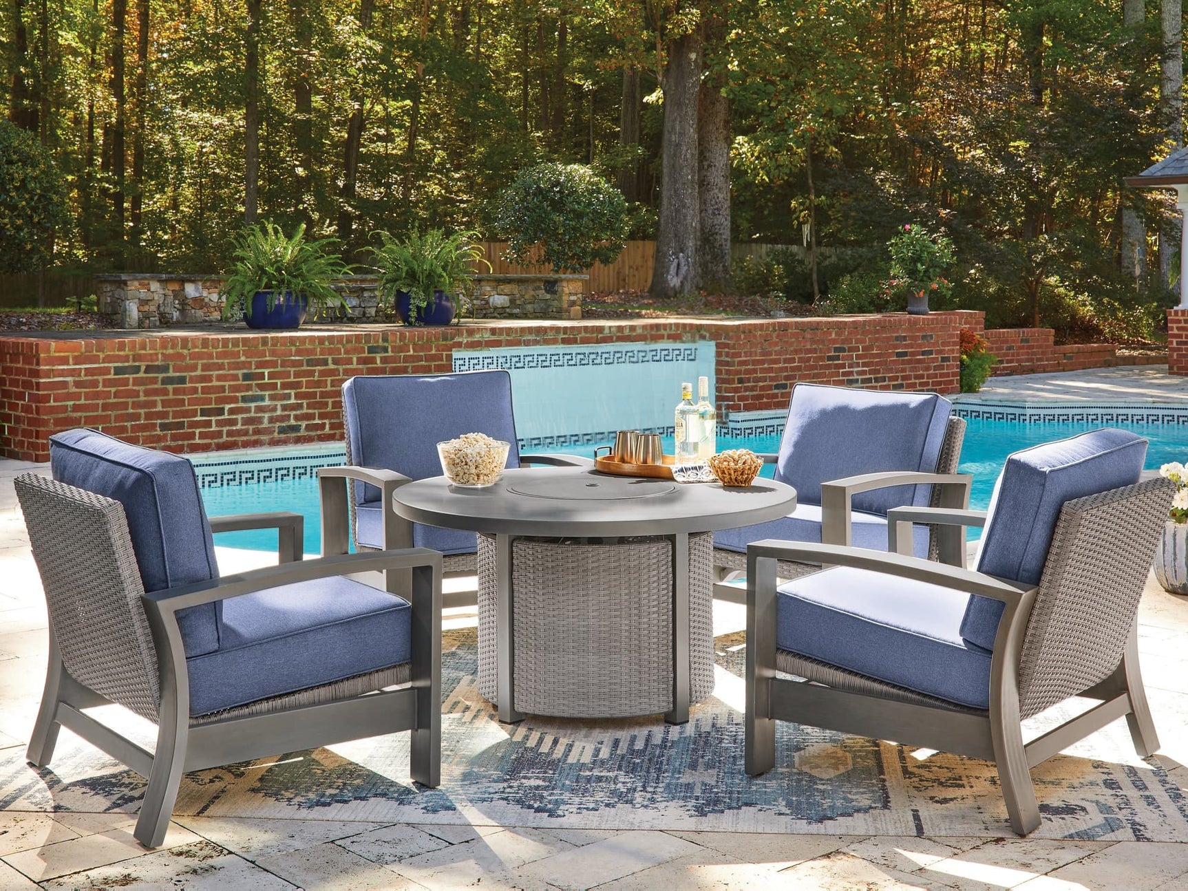 Half Gray Moon Beach Outdoor Fire Pit Table and 4 Chairs