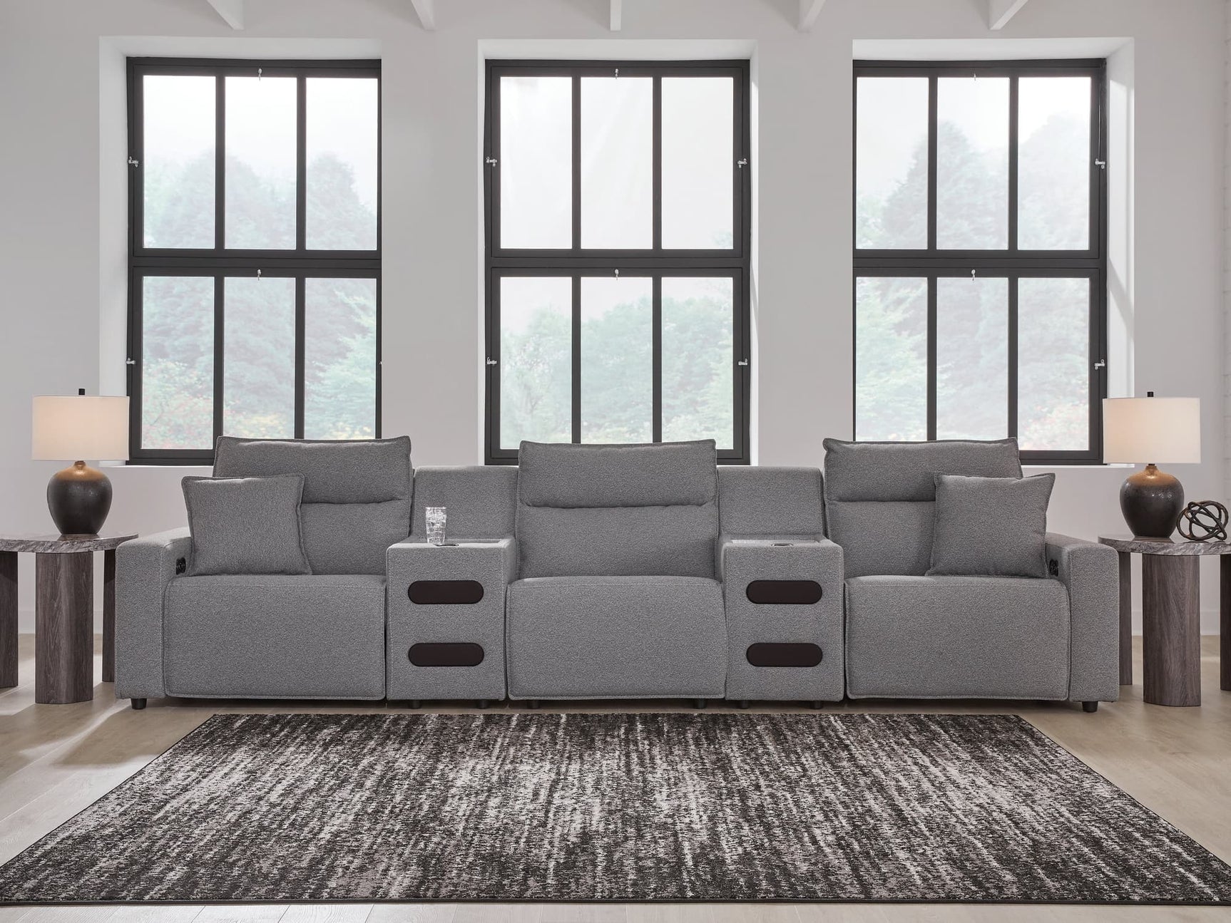 Modmax II Salt and Pepper Next-Gen Nuvella™ 5-Piece Power Reclining Sectional with Audio Consoles