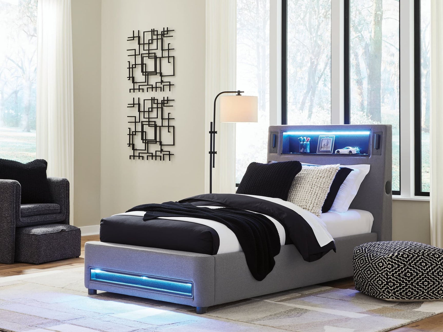 Verishaw Gray Twin Upholstered Bed with Wireless Audio