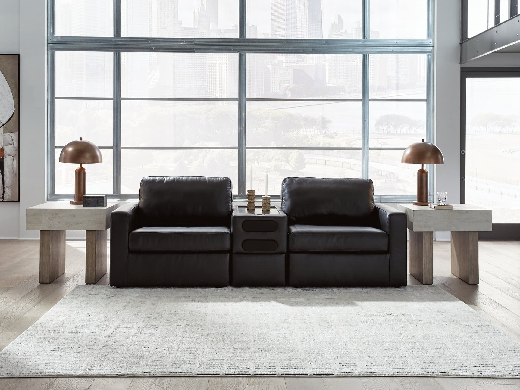 Modmax II Black Leather 3-Piece Sectional Loveseat with Audio Console