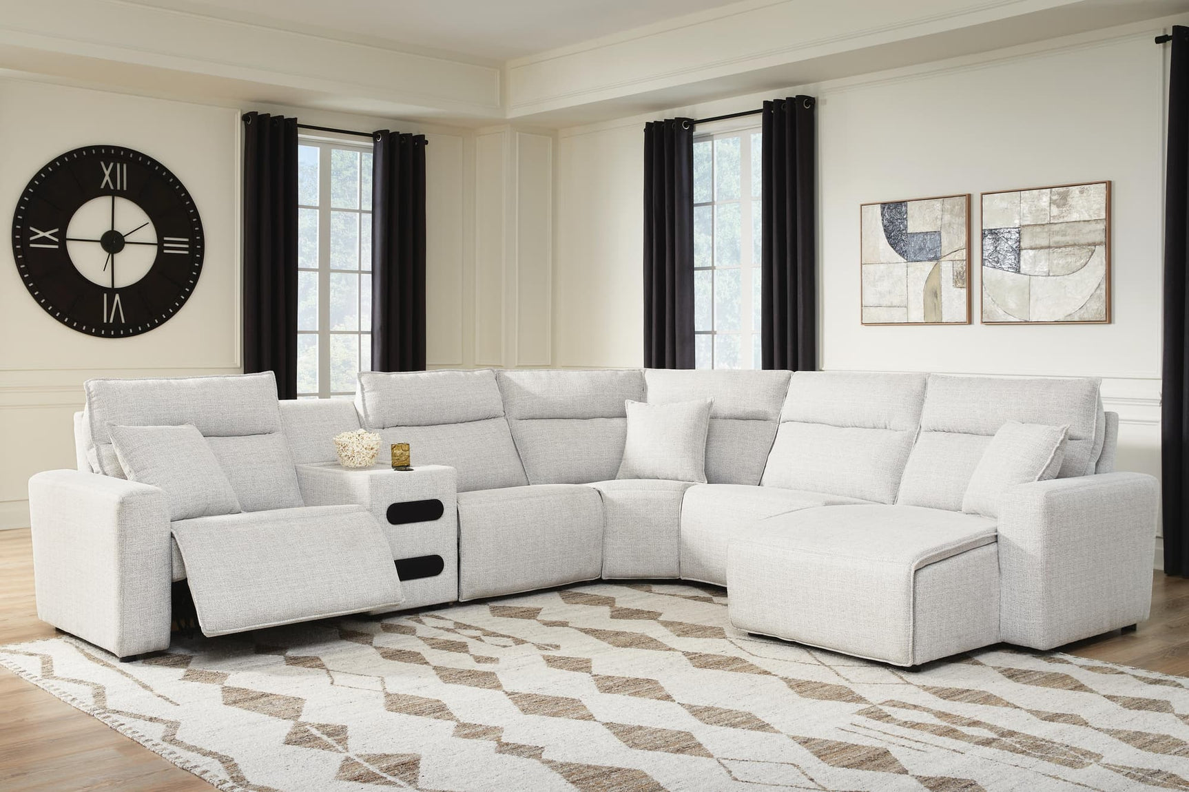 Modmax II Stone 6-Piece Reclining Sectional with Chaise and Audio Console