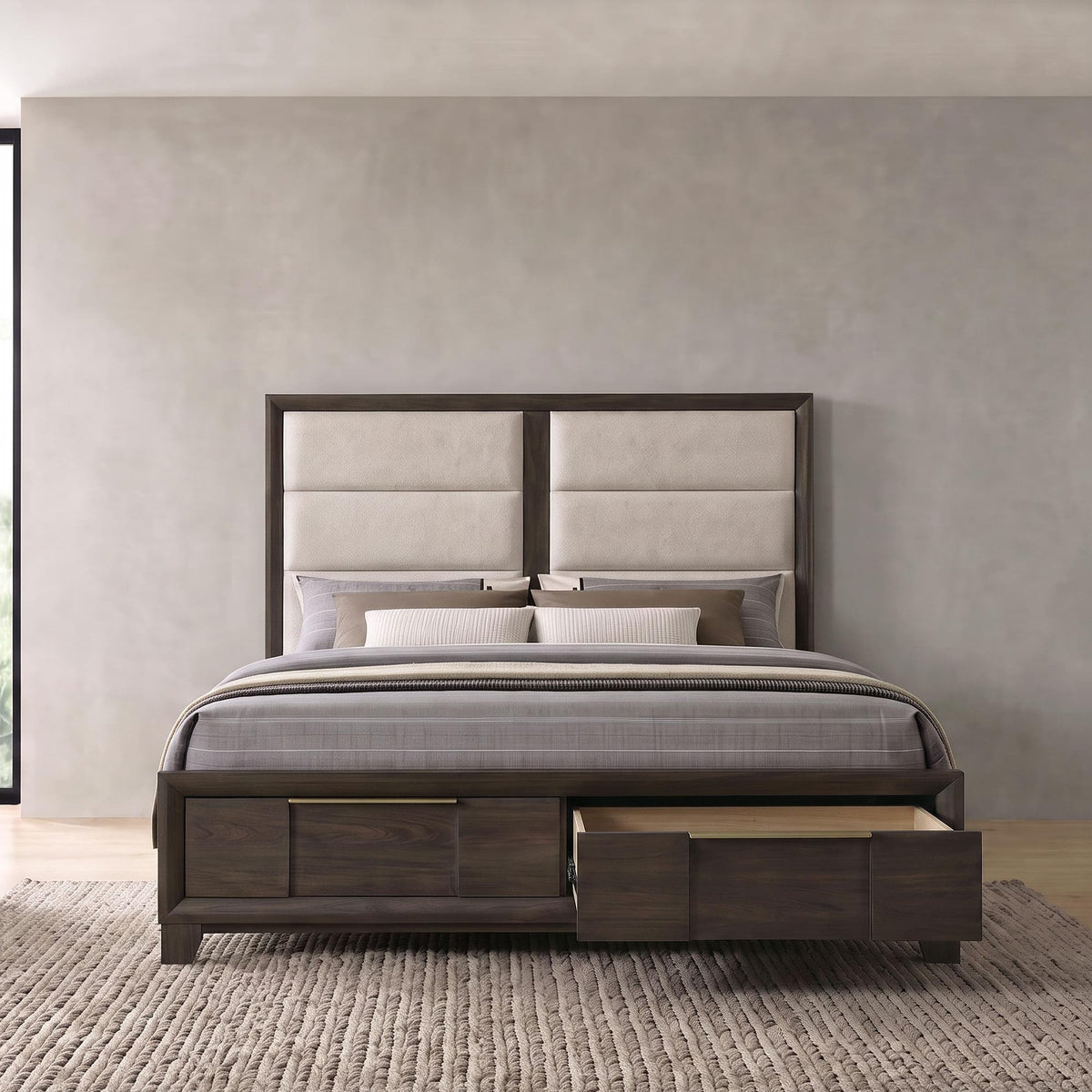 Farre Eastern King Upholstered Storage Platform Bed Dark Brown — product image 12