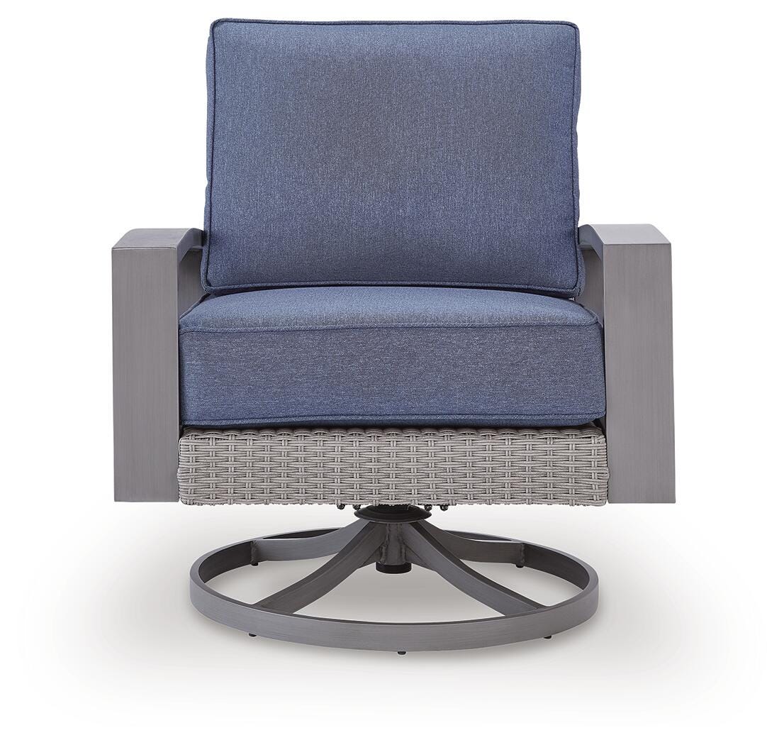 Half Blue/Gray Moon Beach Outdoor Sofa with 2 Lounge Chairs — front view