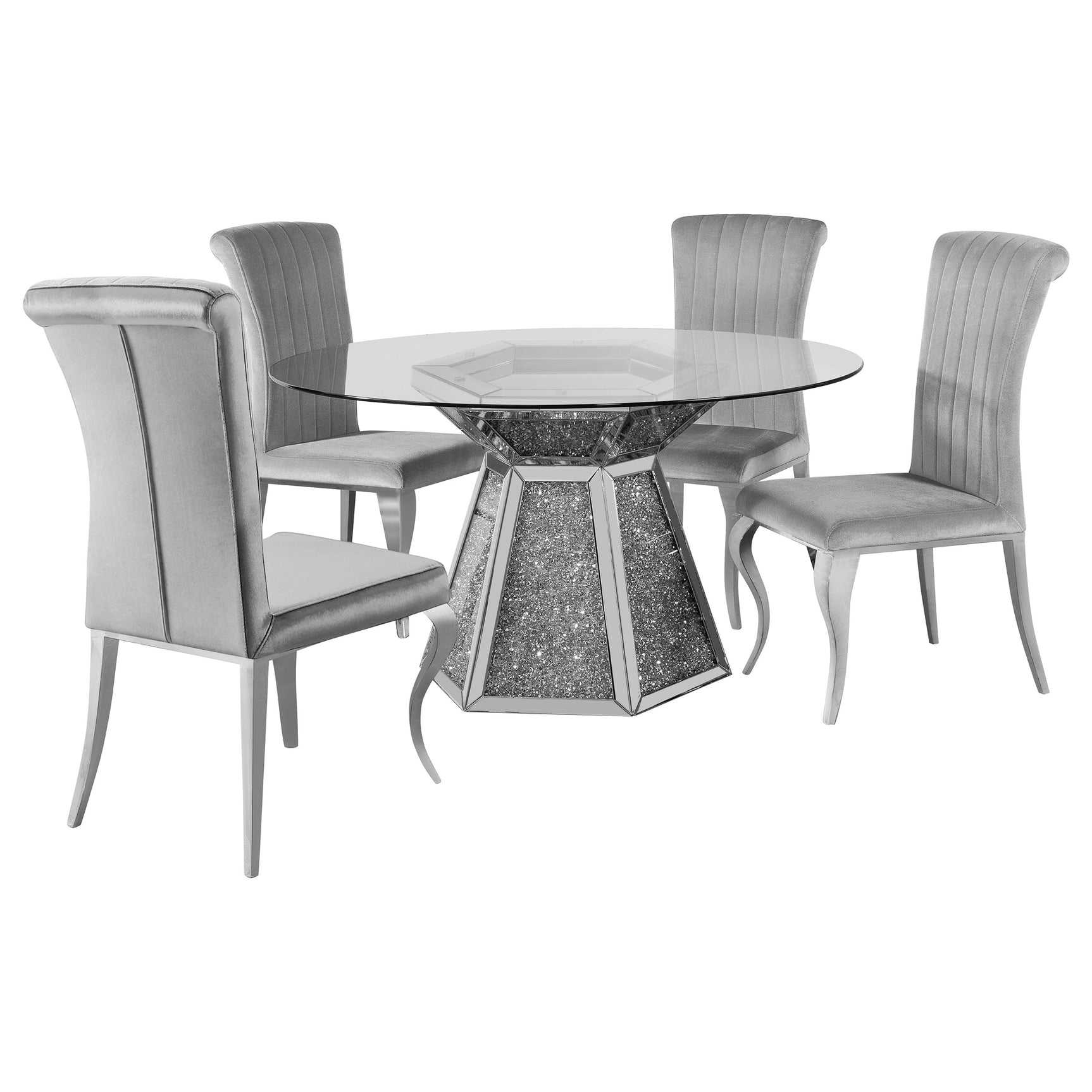 Quinn Gray Round Glass Top Mirrored Dining Room Set